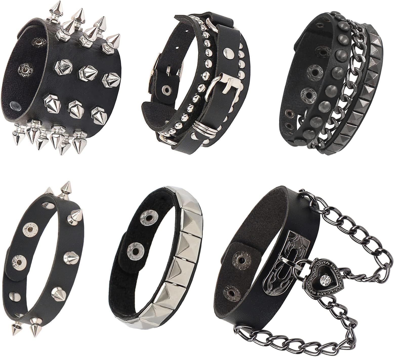 Dumcondy6Pcs Halloween PU Leather Bracelet Punk Goth Studded Spike Rivet Buckle Wristband Cuff Bangle Black Gothic Steampunk for Men Women Unisex 80s Cool Rock Style Adjustable Party Favors