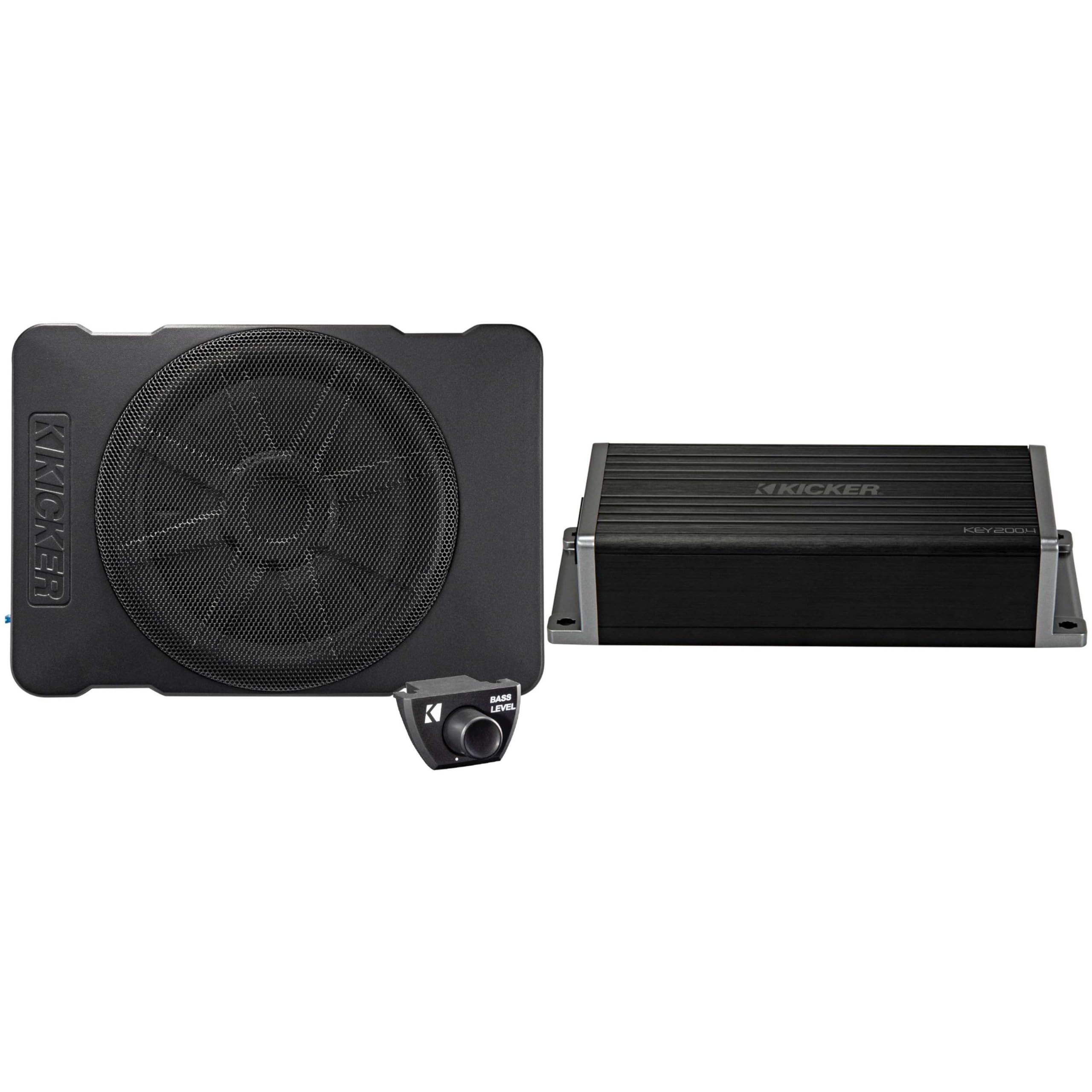 Kicker 47KEY2004 4-Channel DSP Smart Amplifier, 4x50W w/ 51HS10 Hideaway Compact Powered Subwoofer, 10-Inch Bundle