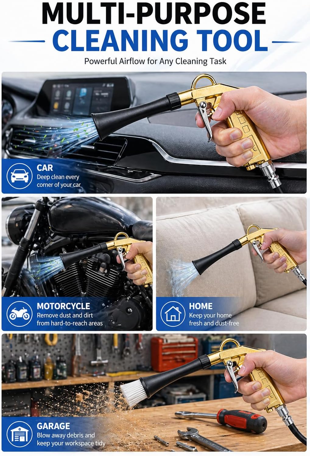 Air Blow Gun for Car Detailing, High Pressure Vortex Air Cleaning Gun, Interior Car Cleaning Tool for Air Compressor, Professional Detailing Air Gun for Car & Dashboard-Straight Fitting-Gold