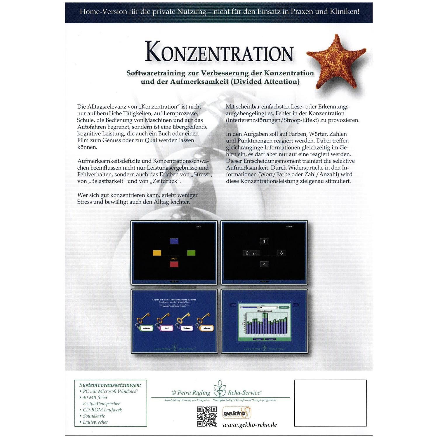 Konzentration - Schlaganfall, Schädel-Hirn-Trauma (SHT) und Gehirn-OP - Reha-Softwaretraining zur Verbesserung von selektiver und geteilter Aufmerksamkeit von Petra Rigling