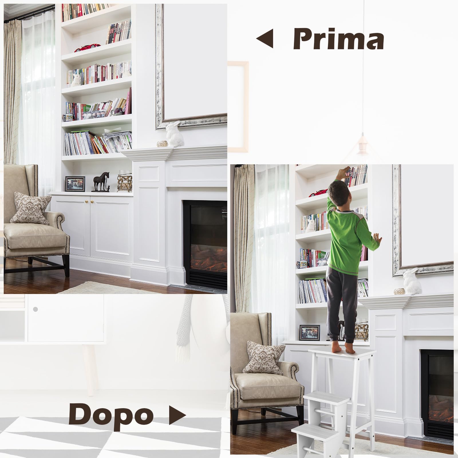 COSTWAY Scaletta Pieghevole, 3 in 1 Scaletta e Sgabello in Legno di Gomma Multifunzione, 3 Gradini, Reversibili Impugnatura, Capacità di Carico 310 kg, Ideale per Studio, Soggiorno (Bianco)