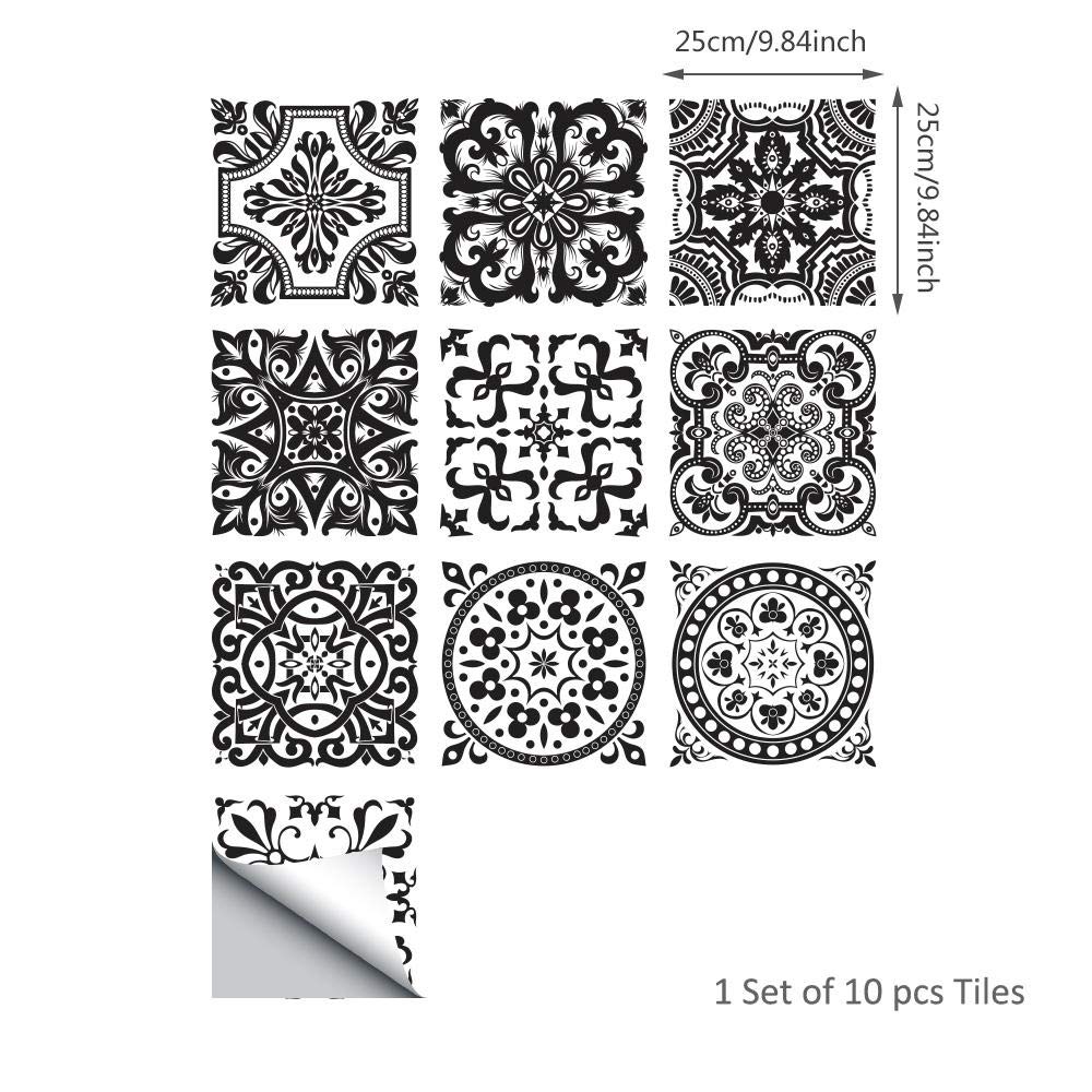 Pegatinas para azulejos de cocina, baño, 25 cm x 25 cm, azulejos blancos y negros, impermeables, autoadhesivas, cocina, baño, sala de estar, TV, decoración de fondo, 1 juego de 10 piezas