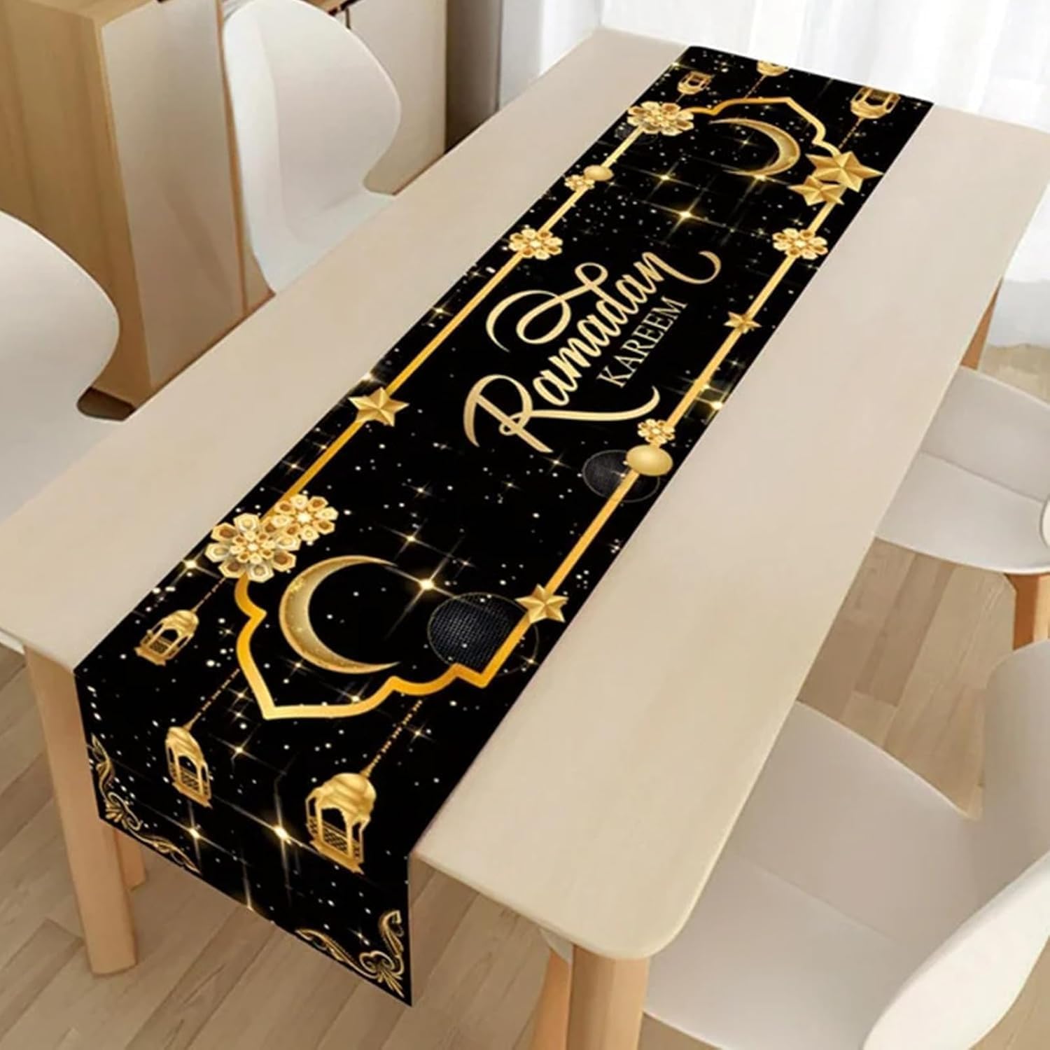 Eid Mubarak Table Runner Table Decorations, Ramadan Decorations for Home, Kitchen Dining Table Runners with Moon, Star and Lantern for Islamic Decor and Home Party 13 x 72 Inch