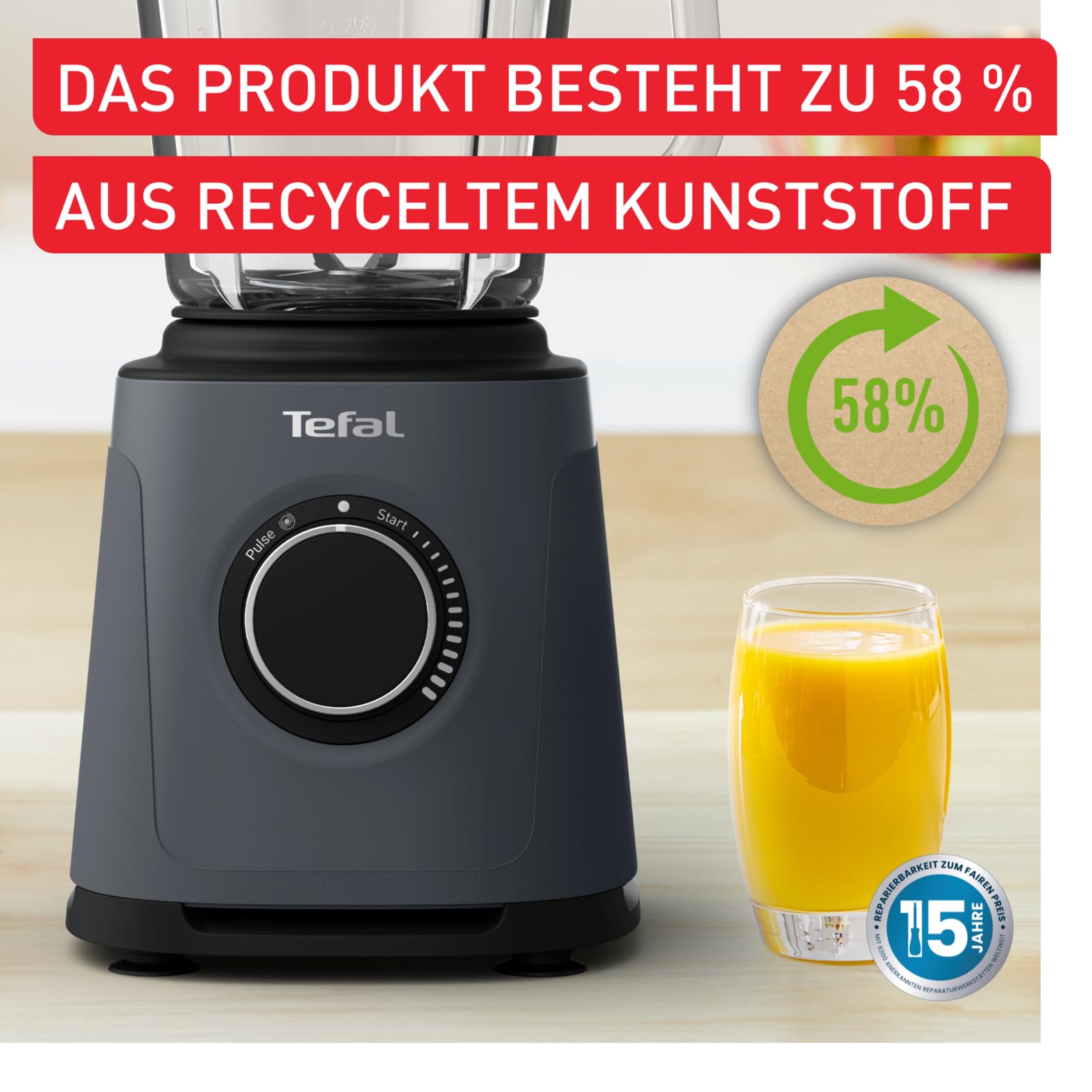 Tefal PerfectMix Essential Hochgeschwindigkeits-Standmixer, stufenlos einstellbare Geschwindigkeit, Pulsfunktion, abnehmbare Powelix-Klingen, hitzebeständiger 2 l Glasbehälter, 1200 W, Grau, BL771BF0