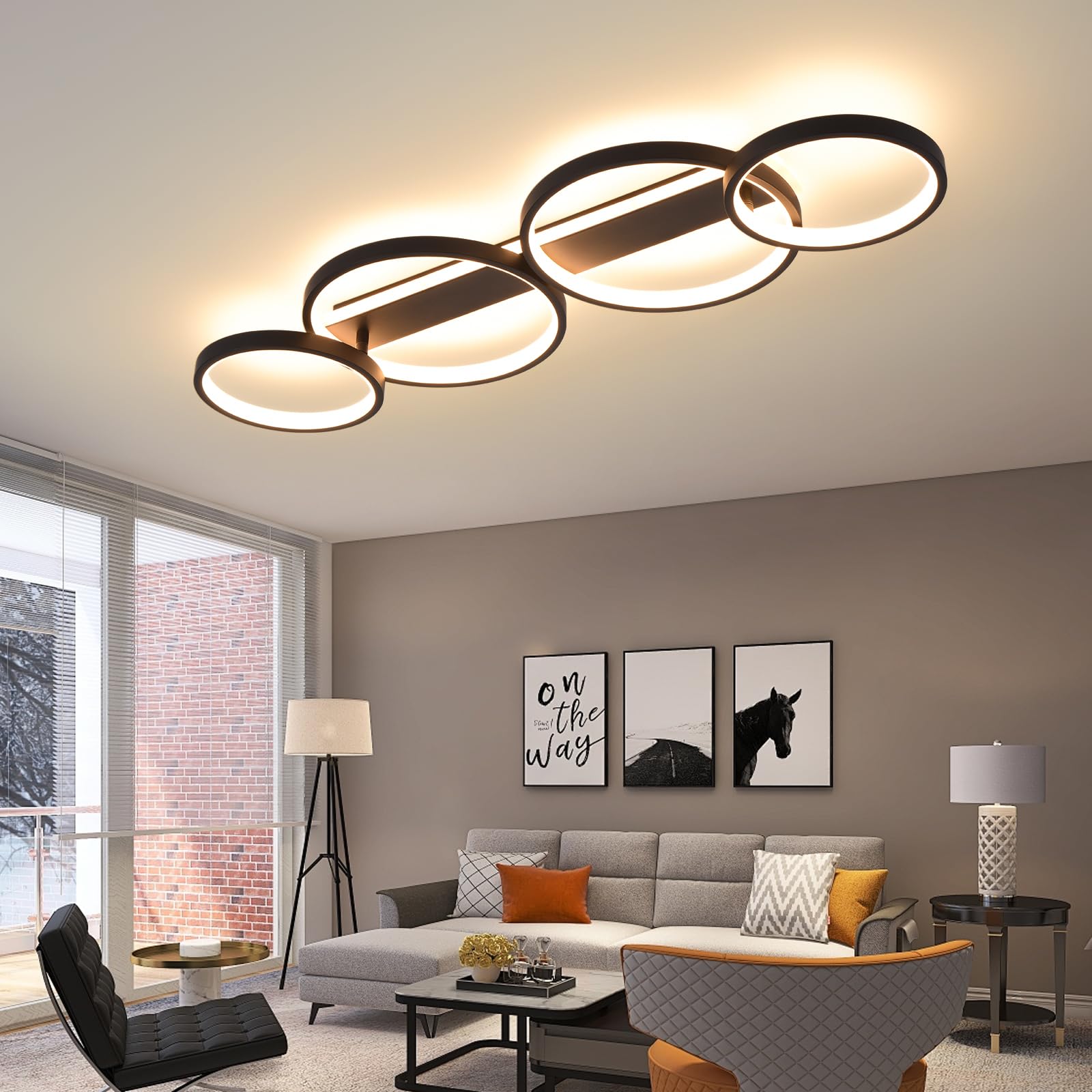 LED Plafonnier,Moderne Lampe de plafond 48W 3000K-6500K,4 anneaux ronde design Chambre Eclairage,Luminaire interieur deco avec Telecommande APP Dimmable,Lampe Lustre pour salon bureau cuisine couloir
