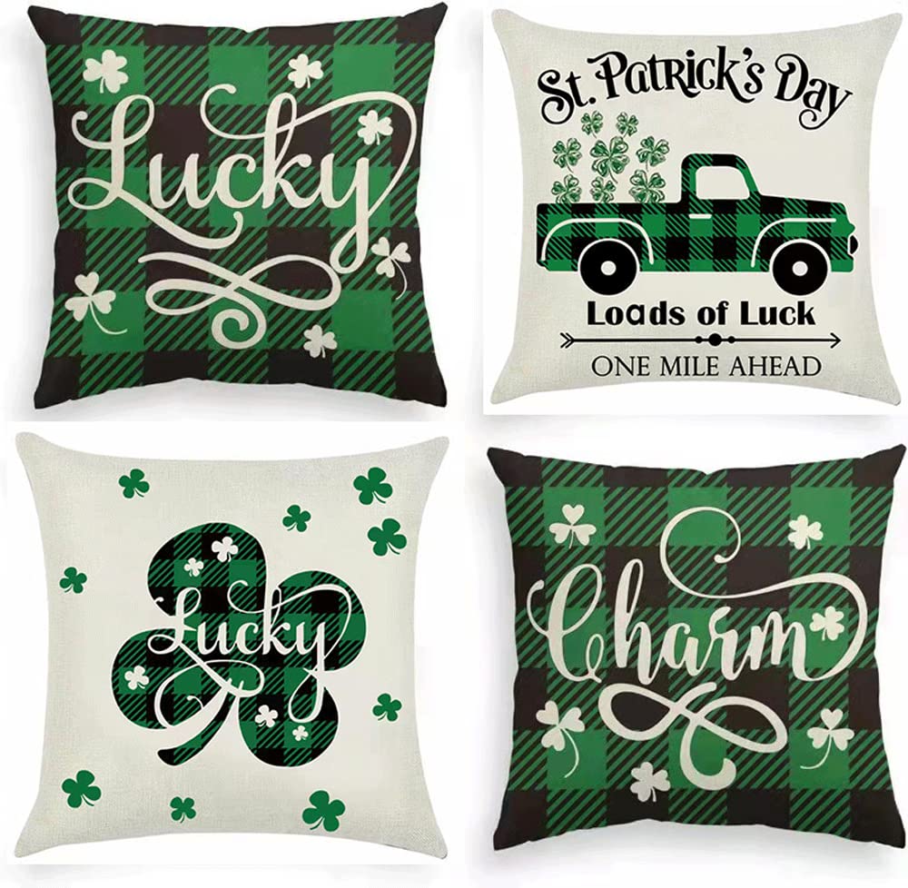 BUCOOD 18x18 St.Patrick's Day Throw Pillow Cover Buffalo Plaid Patrick's Day Linen Green Clover Leaves Pillow Cover, Set of 4 Farmhouse Throw Pillowcase St. Patrick's Day Decorative Cushion Case