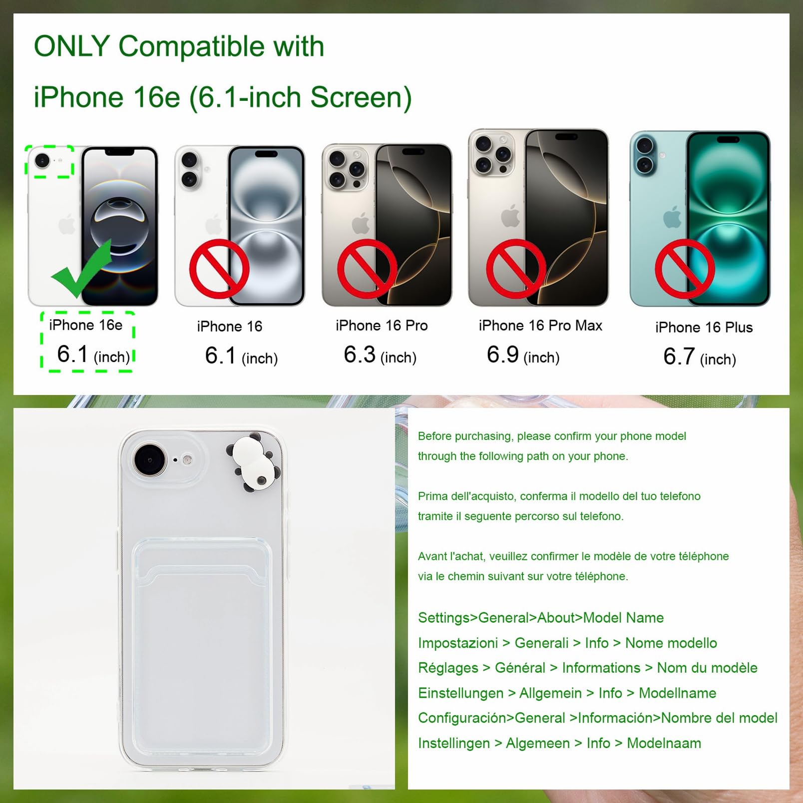 Chengyuanfeng Cover Trasparente per iPhone 16e con Porta Carte, Custodia Ultra-Sottile 1,5 mm in TPU Antigiallo Antiurto, Minimalista Portafoglio con 3D Panda Applicato a Mano, per Studenti e Campus