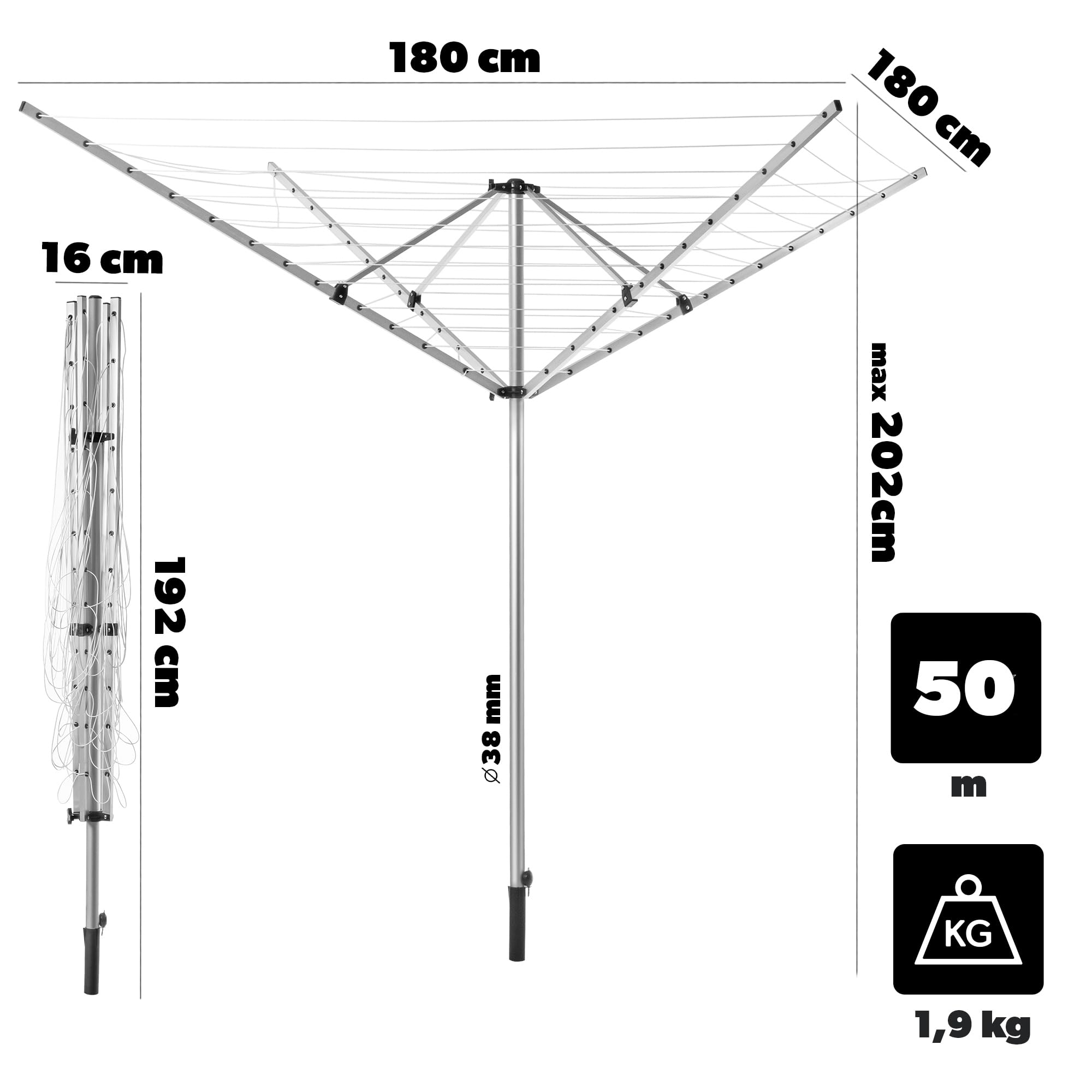 KADAX Séchoir à linge avec 50 mètres de corde à linge, séchoir en aluminium inoxydable pour l'extérieur, hauteur réglable avec housse de sol pour jardin (50m)