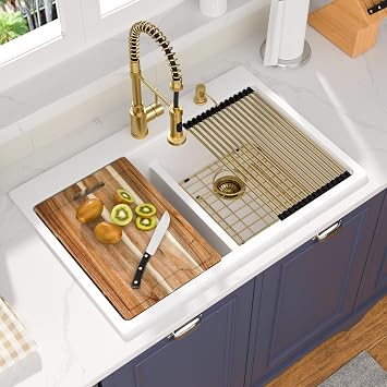 33 Drop in Granite Composite Kitchen Sink White 33"x22"x10" Double Bowl Low-Divide Workstation Sinks 50/50 Split Topmount Large Deep Sink Basin with Gold Accessories