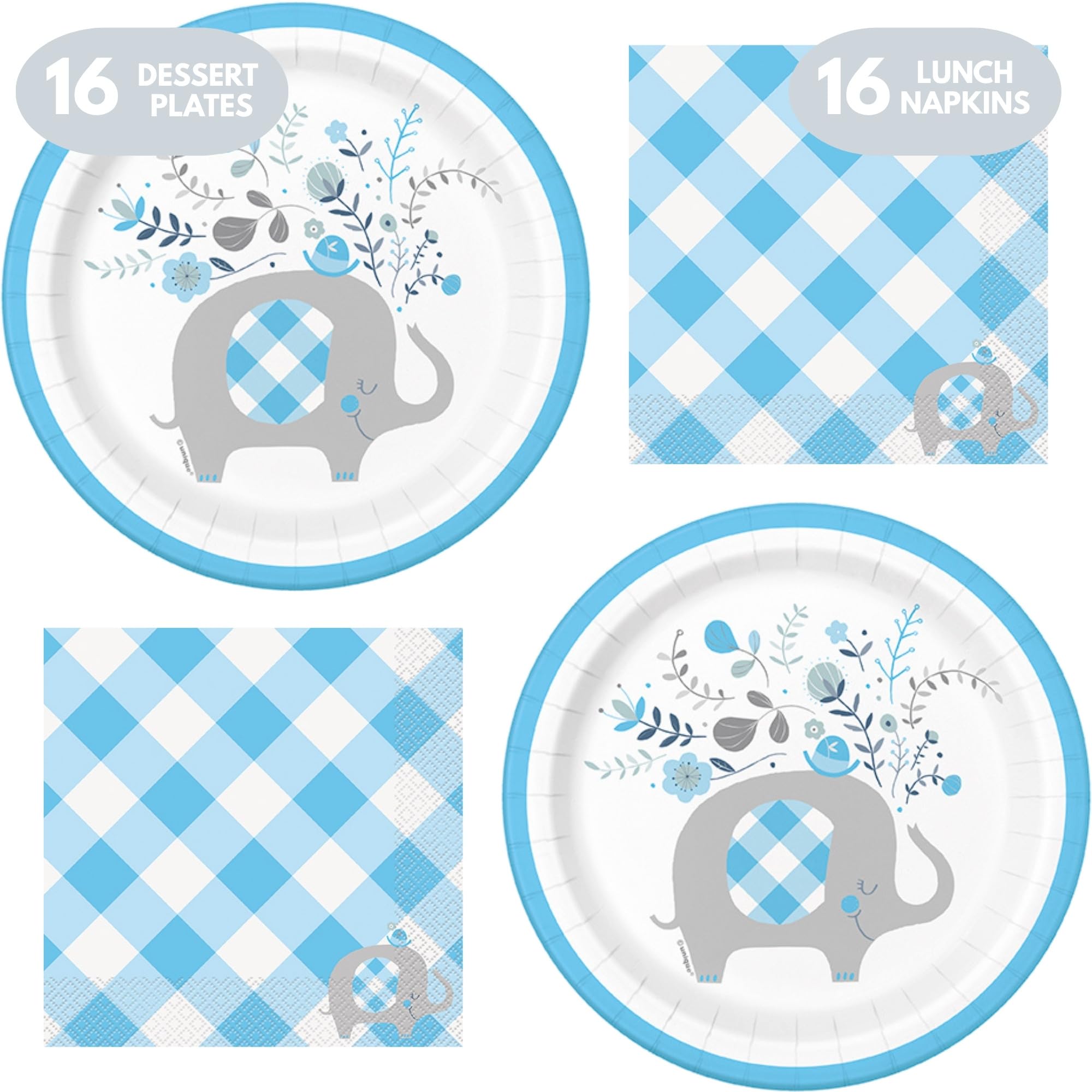Elefante azul suministros de fiesta y decoración de mesa para niños cumpleaños y baby shower, Platos de papel azul y servilletas de almuerzo (sirve 16)
