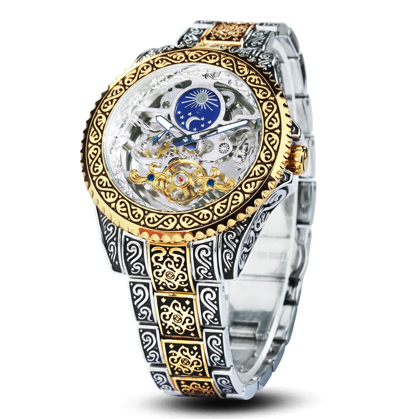 Caluxe Mens Automatic Mechanical Wrist Watch Japanese Movement Tourbillon 24Hr Moon Phase Wristwatch CA525