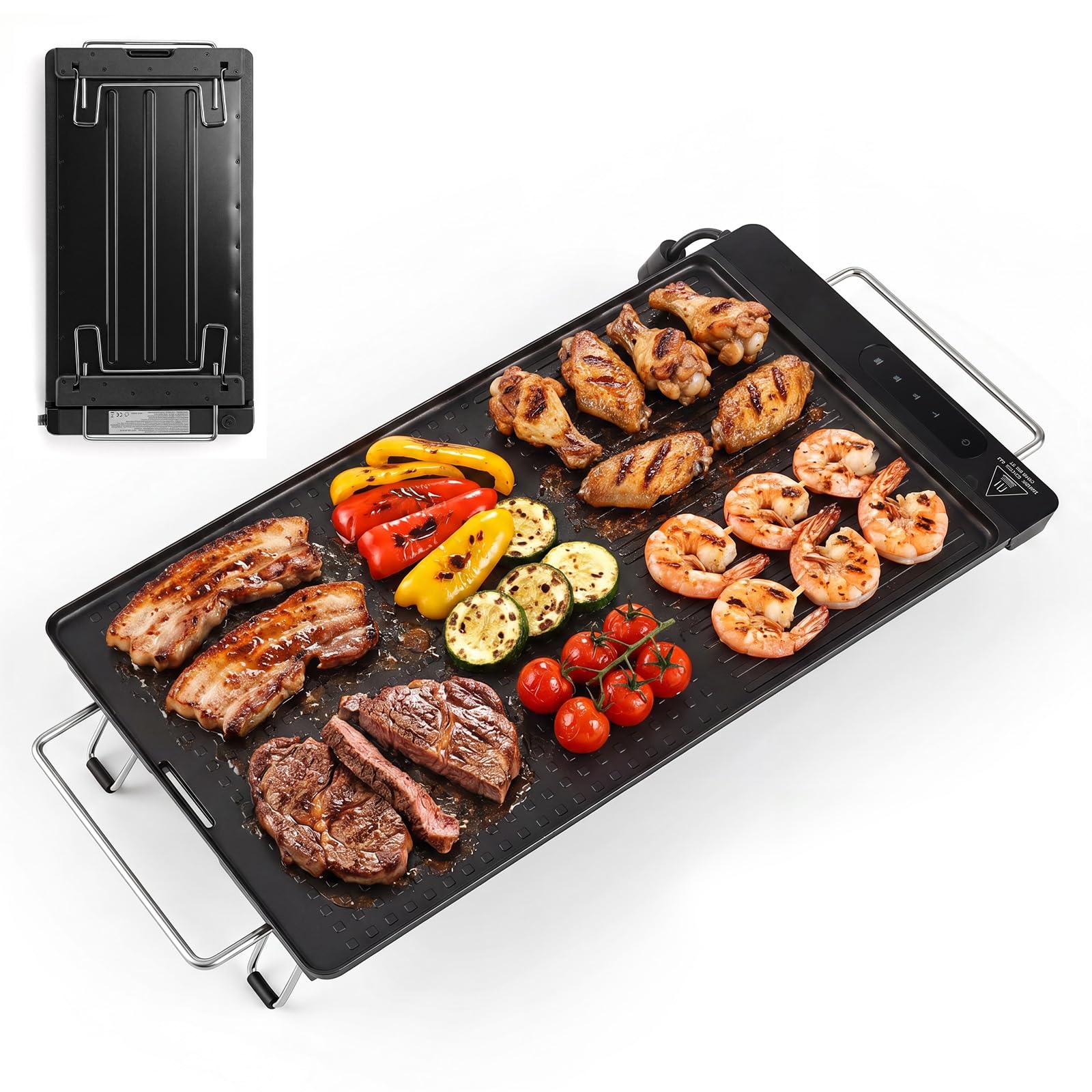 LIFEZEAL Plancha eléctrica fina 1300 W, parrilla eléctrica antiadherente con asas y pies plegables con superficie mixta, panel táctil LED y termostato ajustable, parrilla de mesa para picnic y camping
