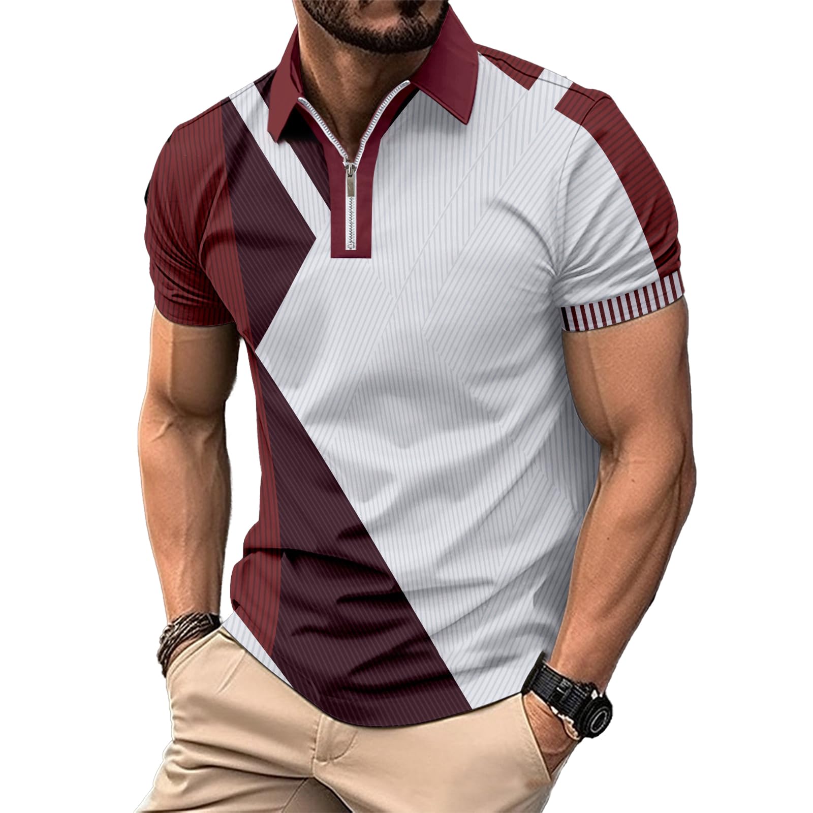 DEEX Men's Casual Polo Shirts Short Sleeve 2026 Stylish Stripe Summer Button T Shirt Lightweight Color Block Golf Slim Fit Shirts for Men with Zipper Collar White Red L
