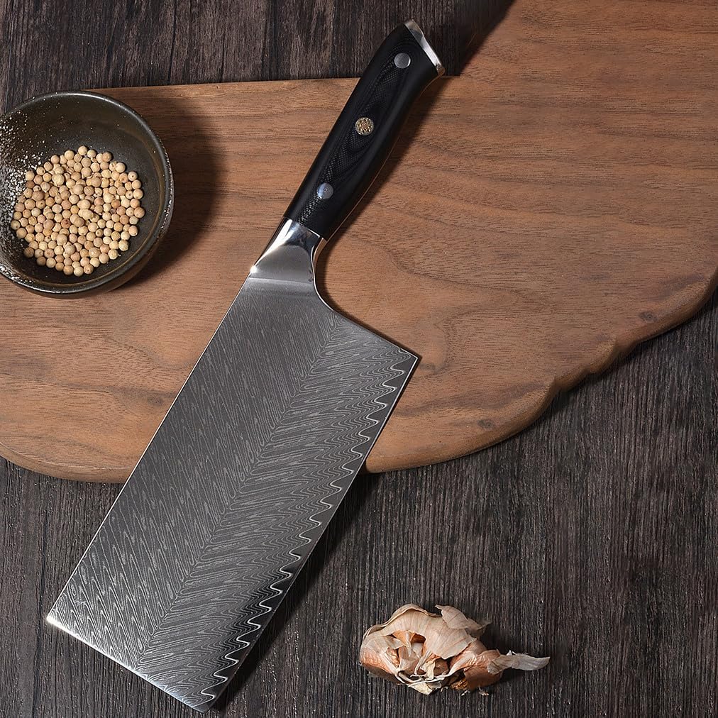 Meat Cleaver,Cleaver Knife 7 Inch Chinese Chef Knife G10 Handle 67 Layer Damascus Steel Blade Sharp Cleaver Slicing Meat 10Cr15CoMoV Kitchen Knives Cooking Tools, LAMAJIGA5844