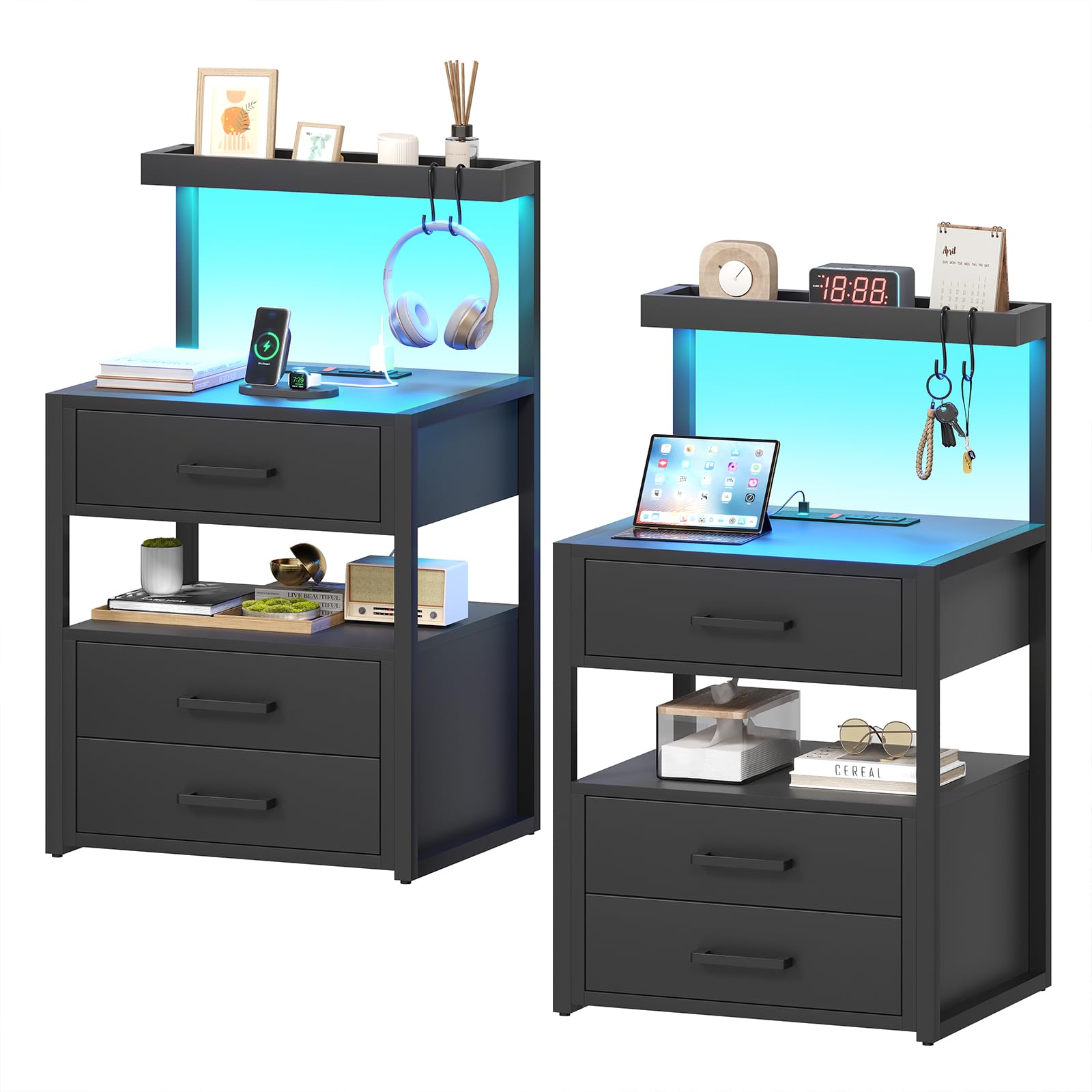 AOGLLATI Nightstand Set of 2 with Charging Station and LED Lights, Bedside Table with 3 Drawers and Open Storage Shelves, 2 USB Ports and 2 AC Outlets