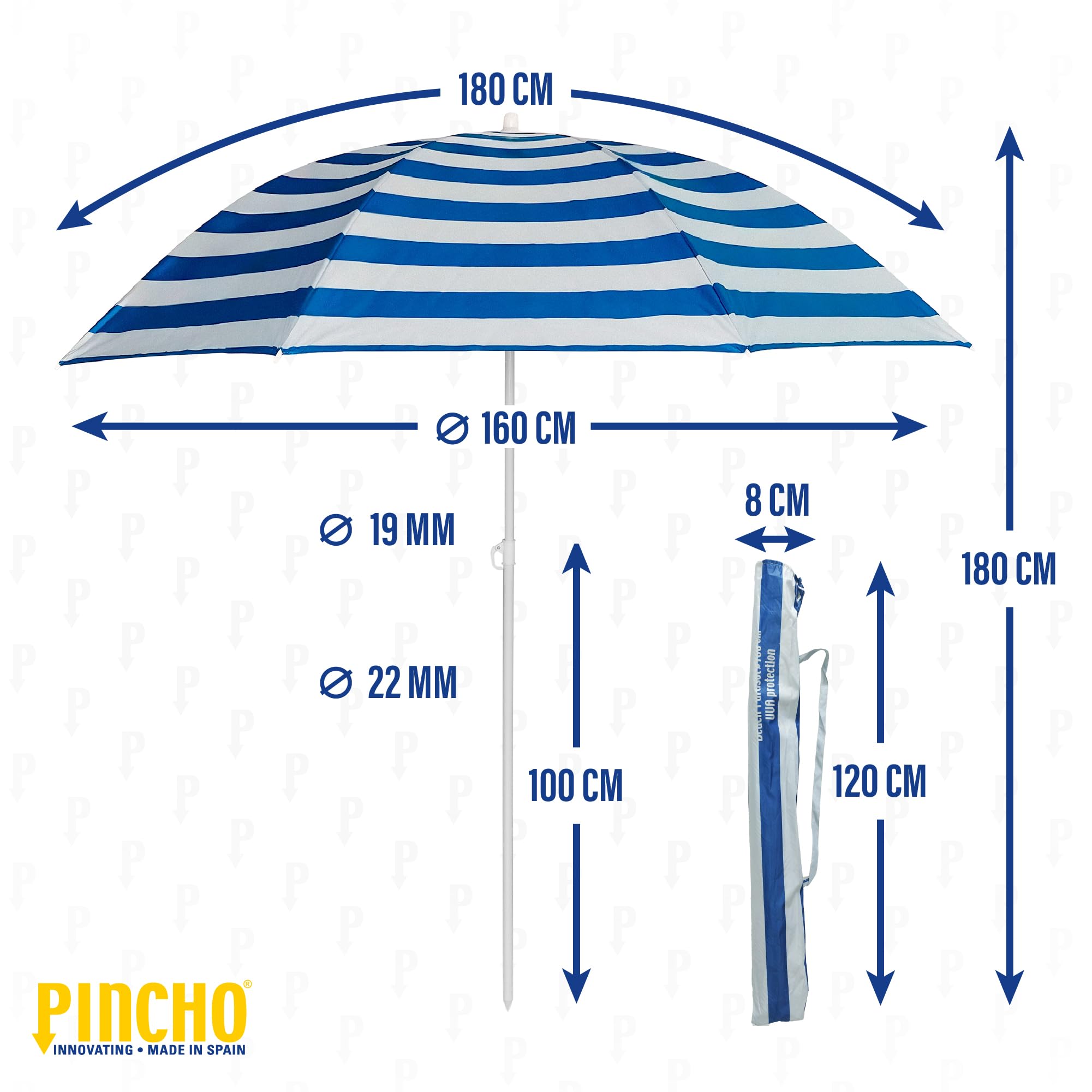 Pincho Ombrellone da spiaggia in acciaio con rivestimento antiruggine, diametro 180 cm. 8 aste in acciaio. Fattore di protezione solare UPF 50+, Marinara