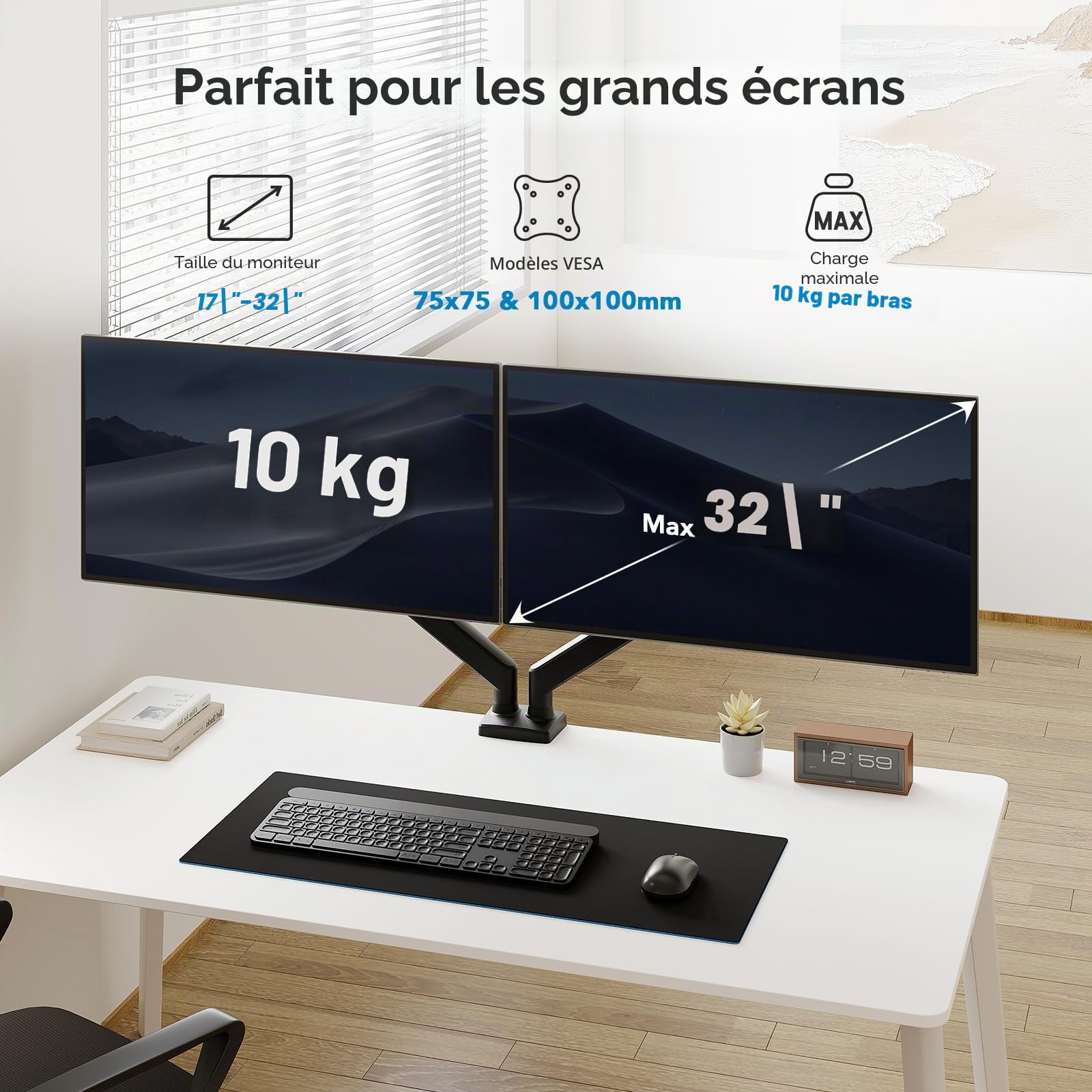 HUANUO Support Écran PC 2 Écrans 32 Pouces, Bras Support Gaming Max 10 kg, Réglable Hauteur/Inclinaison/Pivotement/Rotation, VESA 75/100 mm