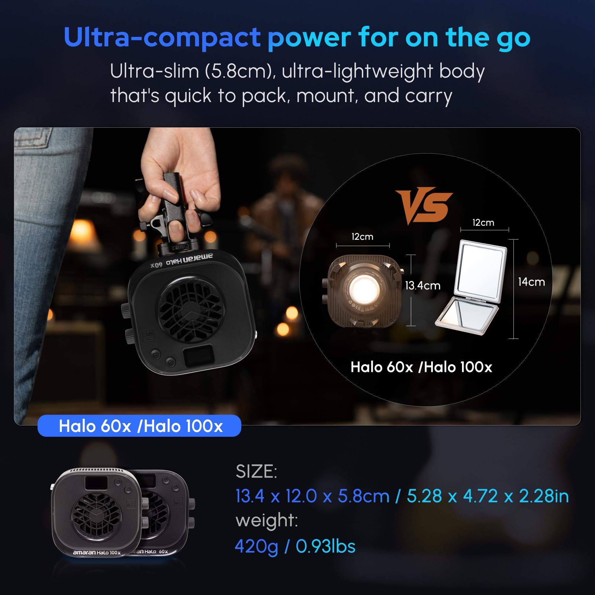 Amaran Halo 60x COB LED Video Licht 60W Bi-Color 2700k-6500k, 3.270 Lux@ 1m (Nackt),Ultra-kompaktes Reiselicht, USB-C PD Stromversorgung, App/NFC-Steuerung, Bowens-Mount für YouTube TikTok Studio