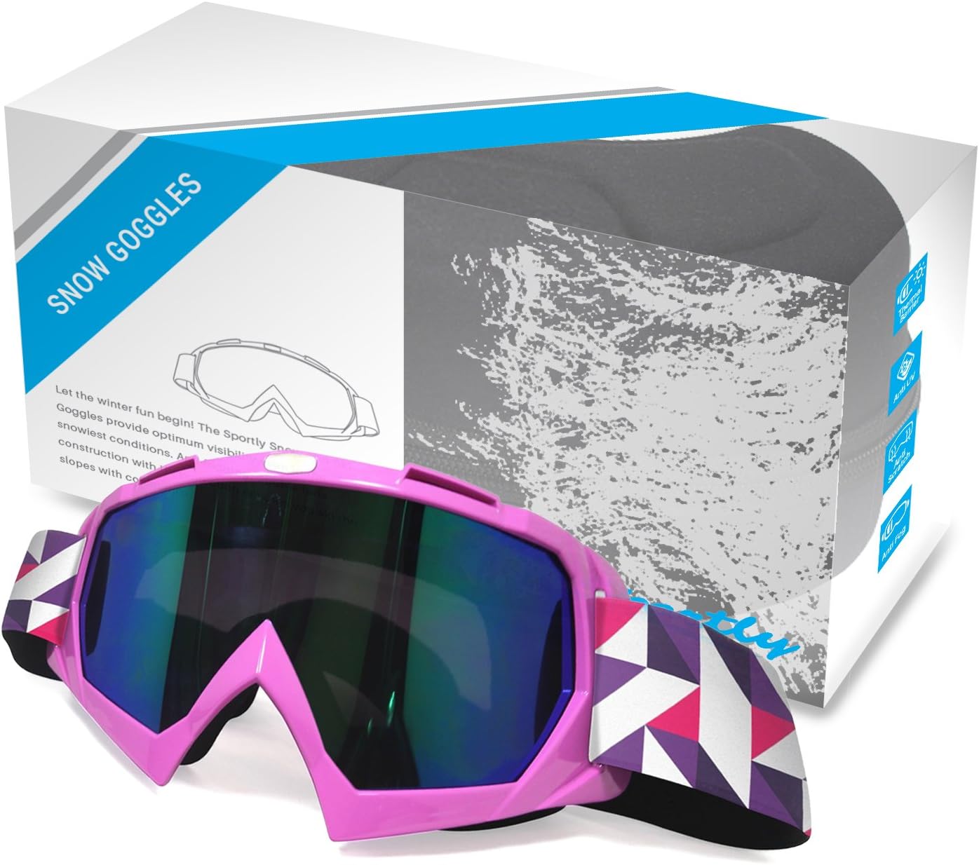 Sportly Snow and Ski Goggles - Adult Snow Sports Goggle, Anti-Fog and Anti-Scratch Mirrored Lenses, Blocks Wind and Harmful UV Rays, Comfortable Fitting Foam Lined Seal, Cold Weather Eye Protection