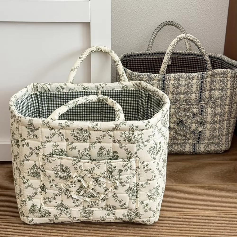 Storage Basket with Handles, Floral Toile Print, Gingham Lining, 11.81x10.24x11.02 Inch, Washable Organizer for Closet, Laundry, Home