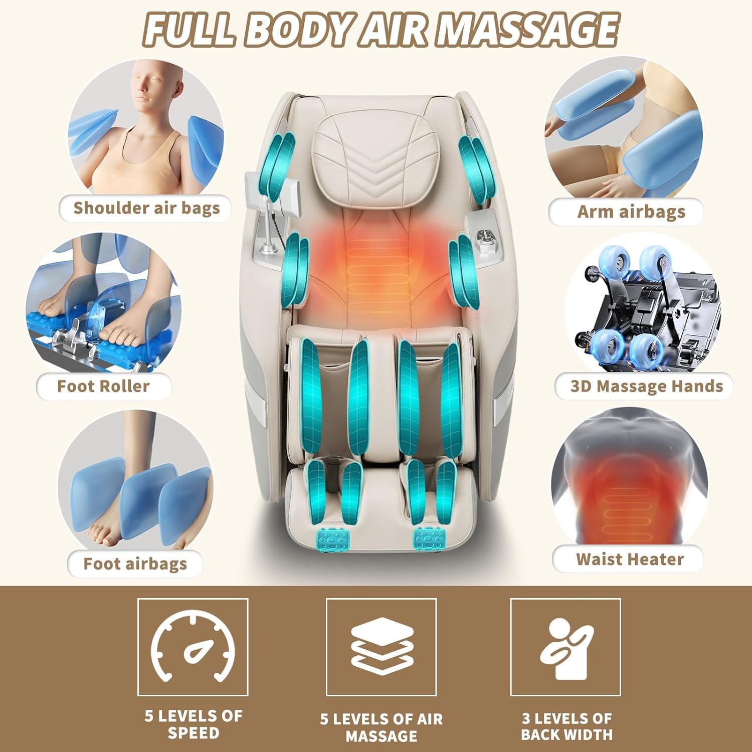 3D Massage Chair Full Body Recliner - Zero Gravity with Heat, 12 Auto-Massage Modes, Shiatsu Foot Massage, with 55“ SL-Track，29 Airbags Massage, Foot Rollers,Free Dust Cover (Beige)