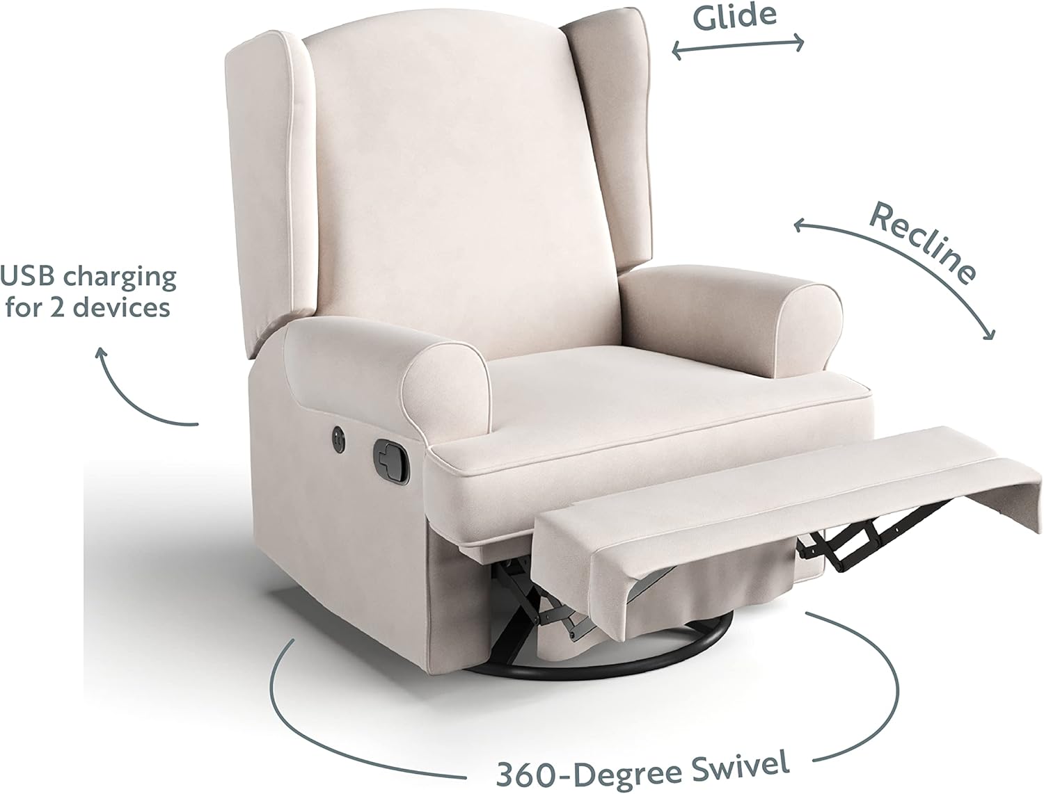 Ivory Swivel Recliner with Metal Base and USB Ports
