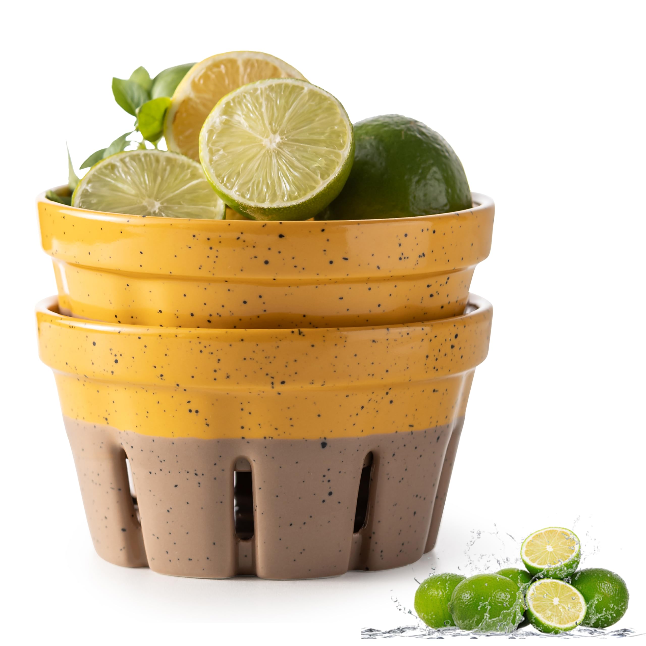 Gomakren Ceramic Berry Bowl Set of 2 Harvest Fruit Basket, Yellow + Brown