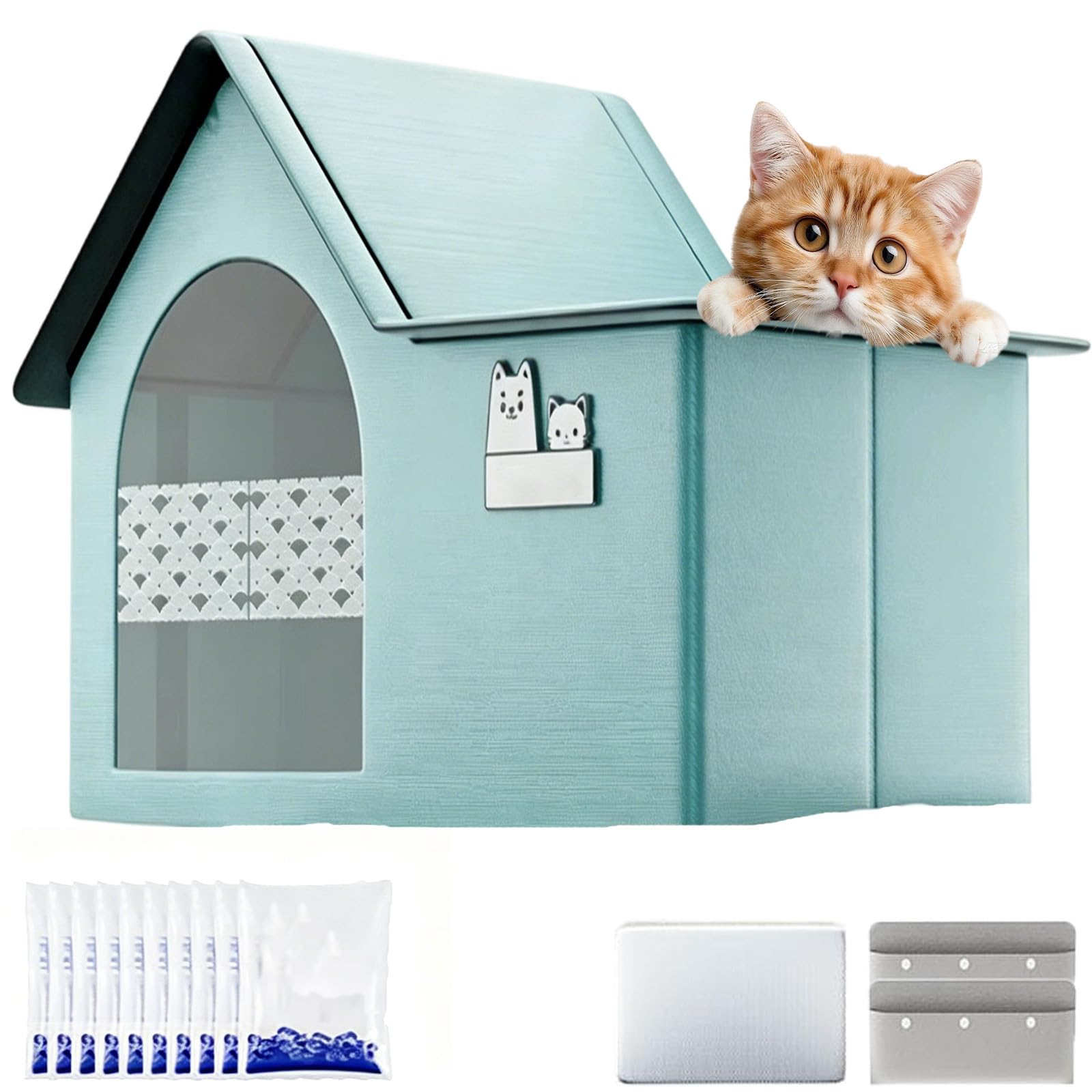 Pet Cooling House, Foldable Cooling Cat House, Double Air Conditioned Pet House, Insulated Portable Pets Cooling Tent with 10 Ice Packs for Cats Dogs, Indoor Outdoor & Easy Clean (Green M)