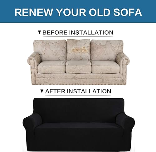 Miniatura 5 de H.VERSAILTEX Funda de sofá de 1 pieza, paquete de fundas de cojín de sofá, 3 piezas, color negro