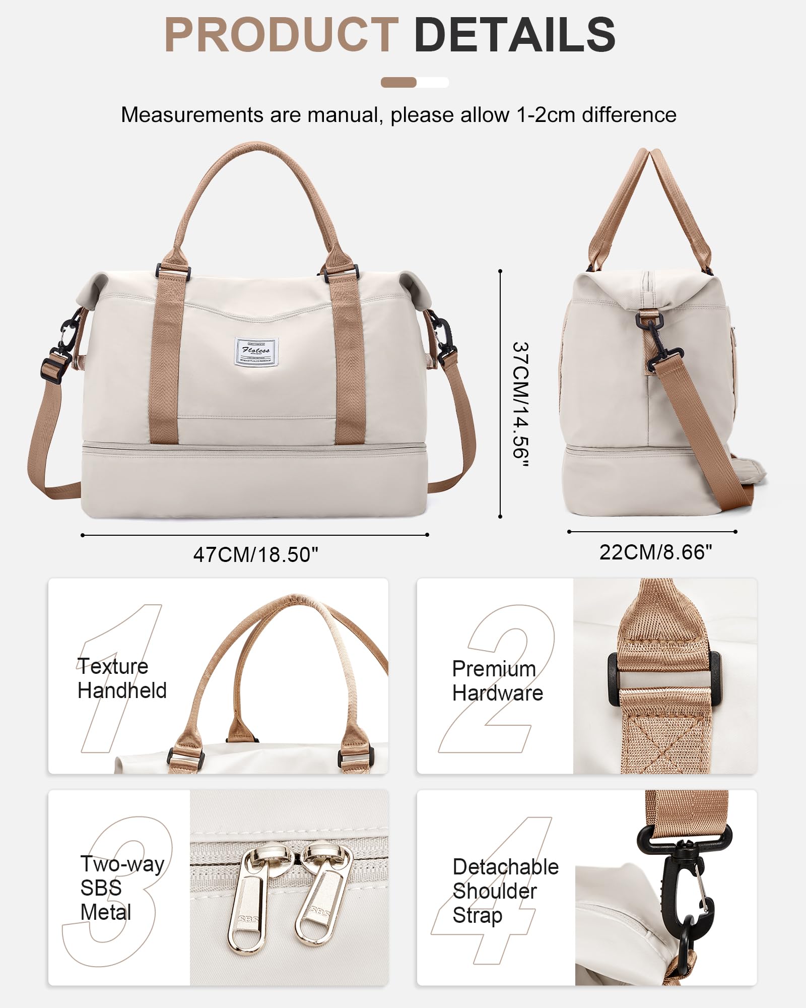 Borsone da Viaggio Donna, Bagaglio a Mano Borsa da Viaggio con Scomparto per le Scarpe, Borsa Sportiva Borsone da Palestra da Weekend,D11-Beige Marrone