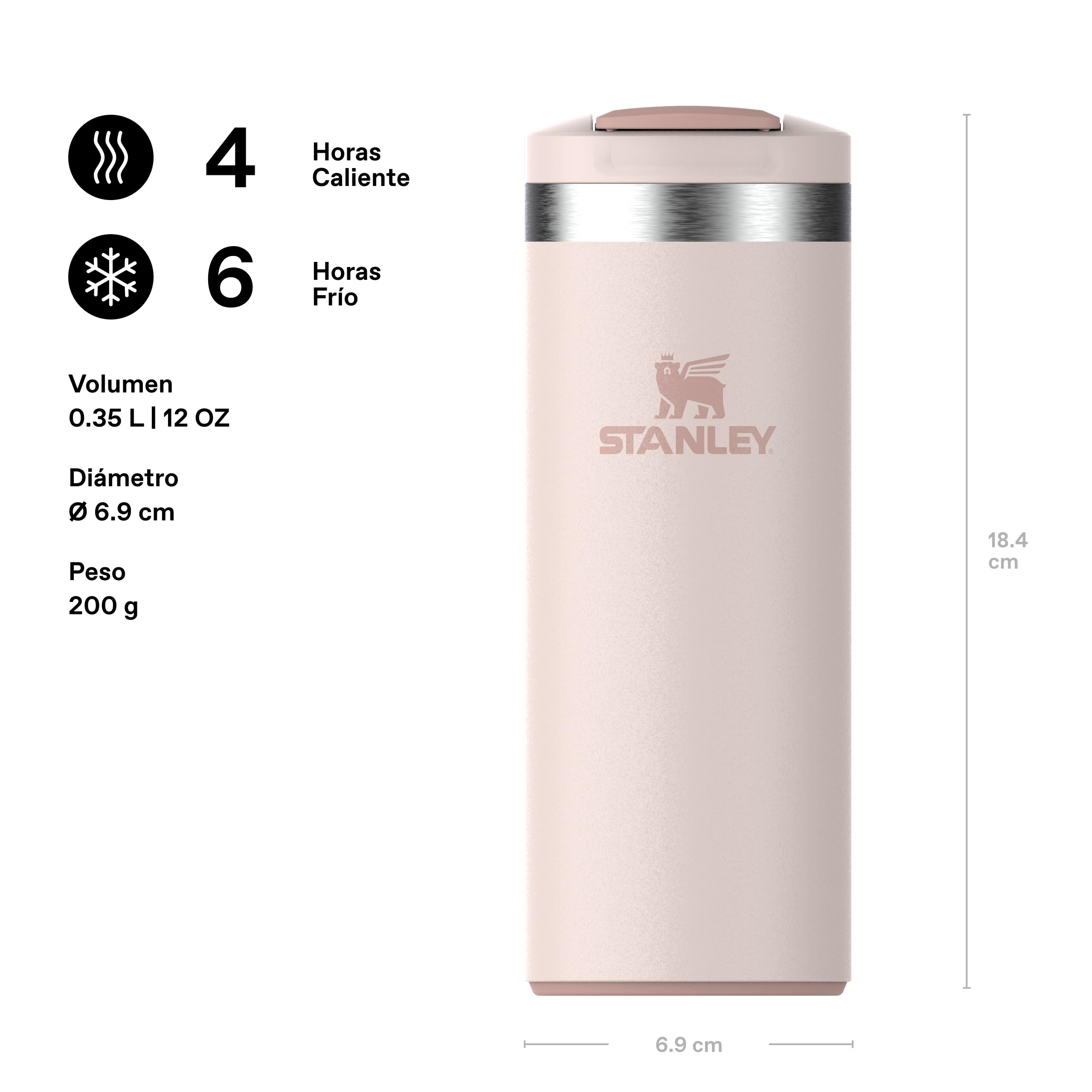STANLEY Aerolight Transit Taza de Viaje 0.35L - Mantiene 4 Horas Caliente - 6 Horas Fría - Apta para Lavavajillas - Antigoteo - Compatible con Portavasos de Coche - Rose Quartz
