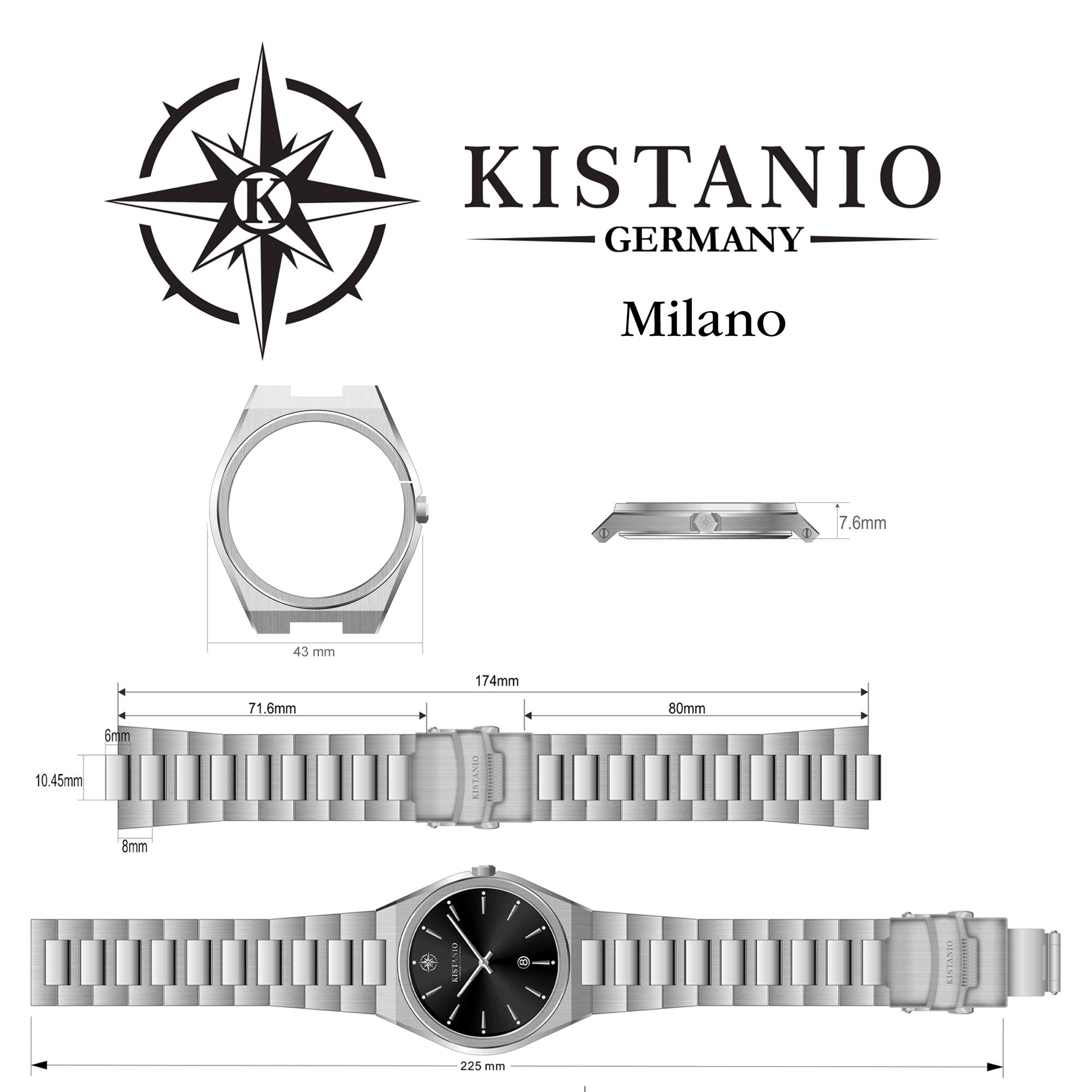 Reloj de hombre Milano en diseño italiano con correa de cuero o correa de metal y cristal de zafiro 10 ATM clásico en diferentes variaciones, Crema/Metal Band, Pulsera