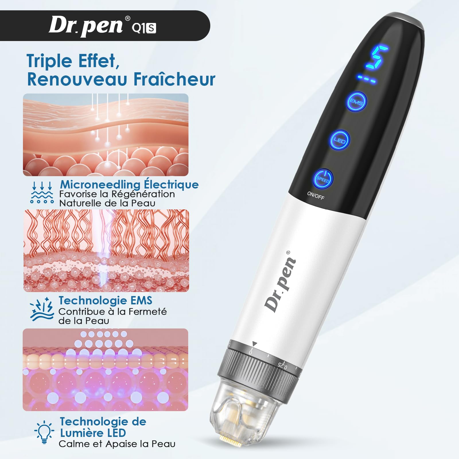 Dr. Pen Q1S Microneedling Pen, 3-EN-1 : Lumière Rouge et Bleue, 5 vitesses, 3 niveaux d'intensité EMS, Sans Fil Dermapen Kit pour Visage, Cuir Chevelu, Corps et Barbe, 2 Micro-Aiguilles.