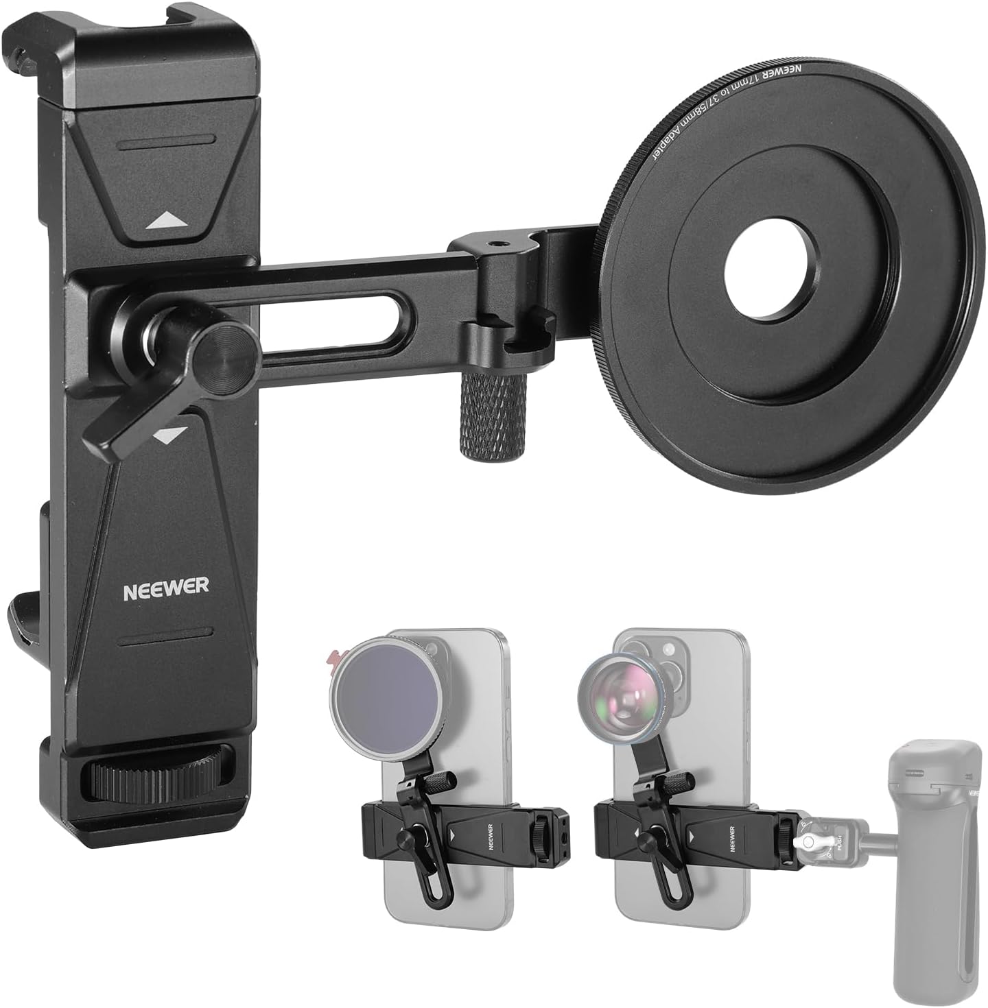 NEEWER Phone Holder with 17mm Phone Adapter & 17–37/58mm Filter Ring, Universal Adjustable Phone Tripod Mount Accessories Compatible with iPhone 17 Pro Max 16 S25 Ultra, PA047 PRO