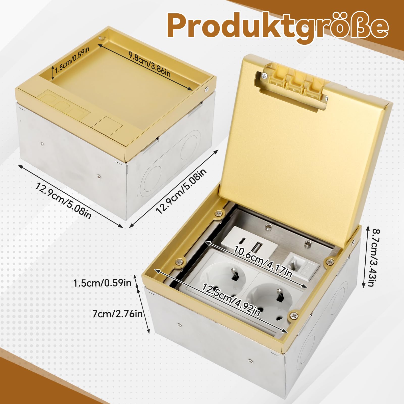 Gniazdo podłogowe ze stali nierdzewnej, złota stalowa gniazdka wpuszczana wodoszczelna z 2AC+USBA+C+1RJ45, wpuszczane gniazdo ze stali nierdzewnej do podłogi (złote)