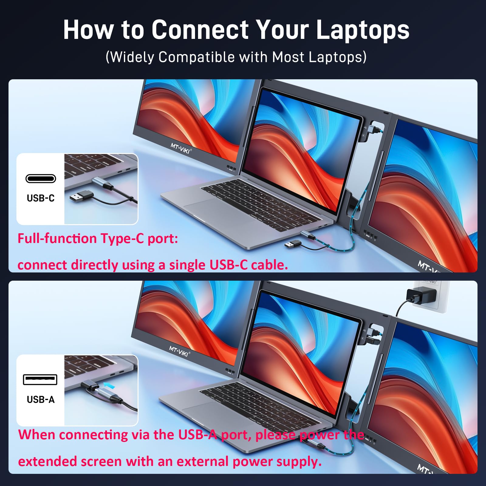 MT-VIKI 15.6'' Triple écran d'ordinateur Portable Extension Portable Laptop Screen Extender FHD 1080P IPS Ordinateurs 11''-16''Compatible avec Mac/Android/Win supporte la Rotation à 360° 1 Sac à Main