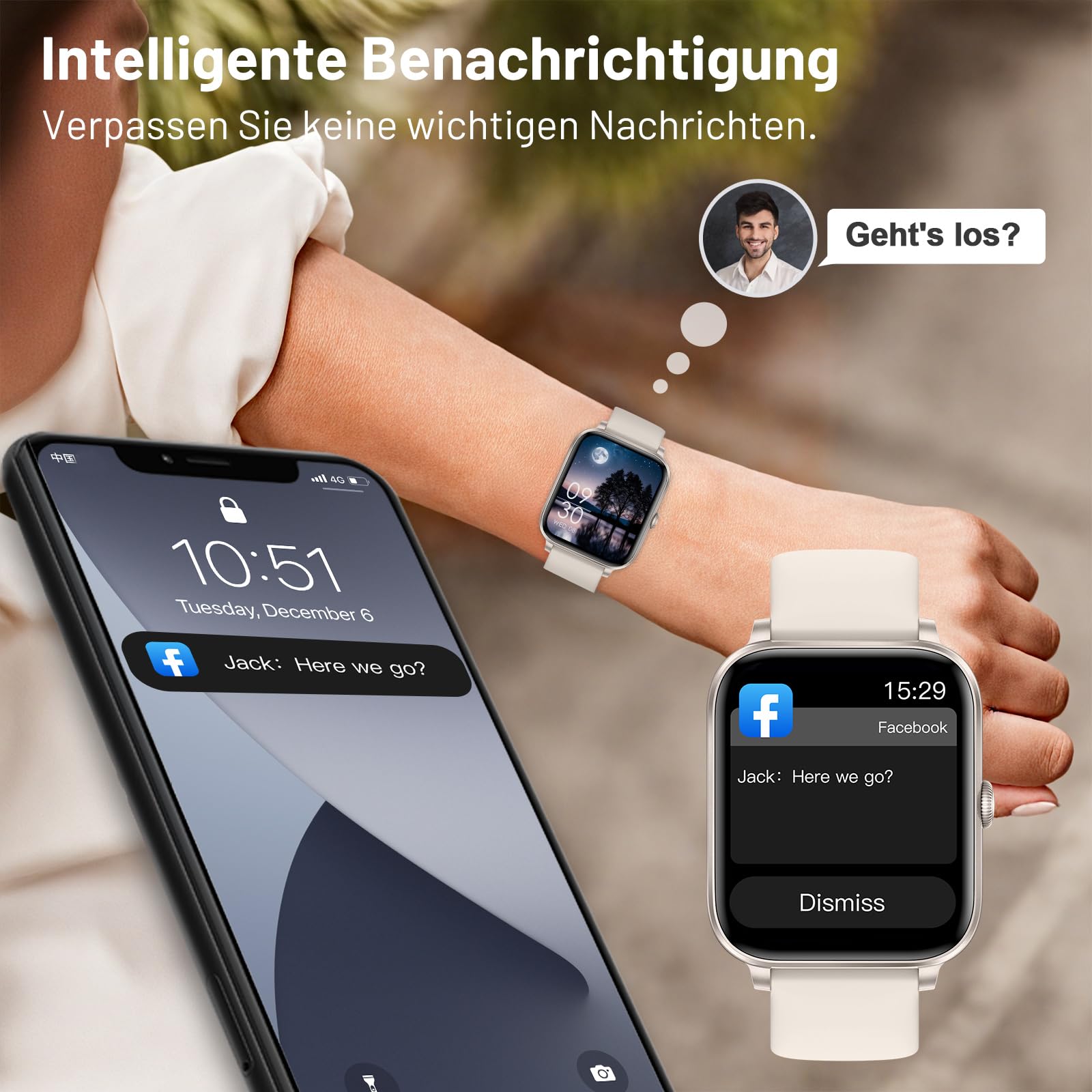 Smartwatch Herren Damen, 1.85" HD Intelligente Uhr mit Bluetooth-Anruf, 130+ Sportmodi mit Herzfrequenz/Schlafmonitor/Schrittzähler, IP68 Fitness Tracker für Android iOS Starlight