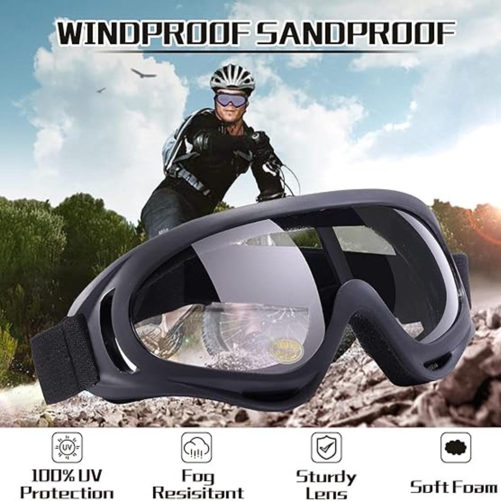 TASMAX Motorcycle Riding Goggles Bike eye protection glasses for men women With Transparent Goggles Adjustable Strap Compatibility bike helmet for bike Riding Goggles (PACK 1) Black - Image 6 thumbnail