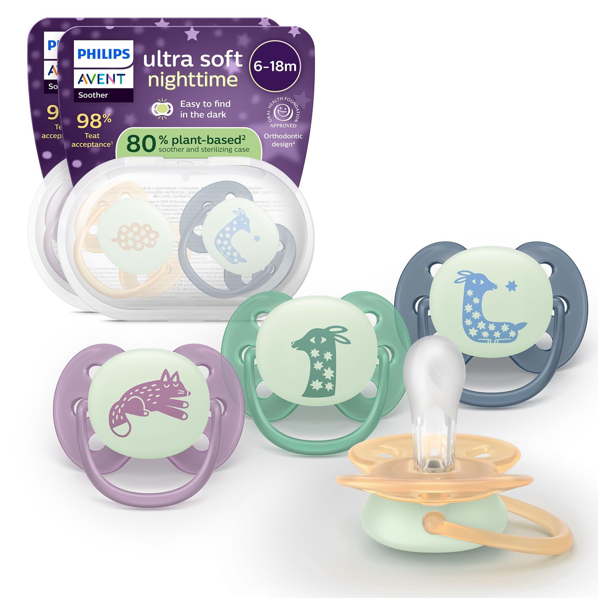 Philips Avent Ultra Soft Nighttime Soothers - Orthodontic Design, for Babies 6-18 Months, Glow in The Dark, Symmetrical Silicone Teat, BPA-Free, Sterilising Cases, 4 Pack, SCF094/08