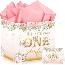 Woosytoo Baby Girl 1st Birthday Gifts Bag, Extra Large Square Gift Bag Baby Shower Jumbo Gift Bag with Tissue Papers Onederful Wrapping Paper Bag for Newborn Baby Shower First Birthday Party Favors