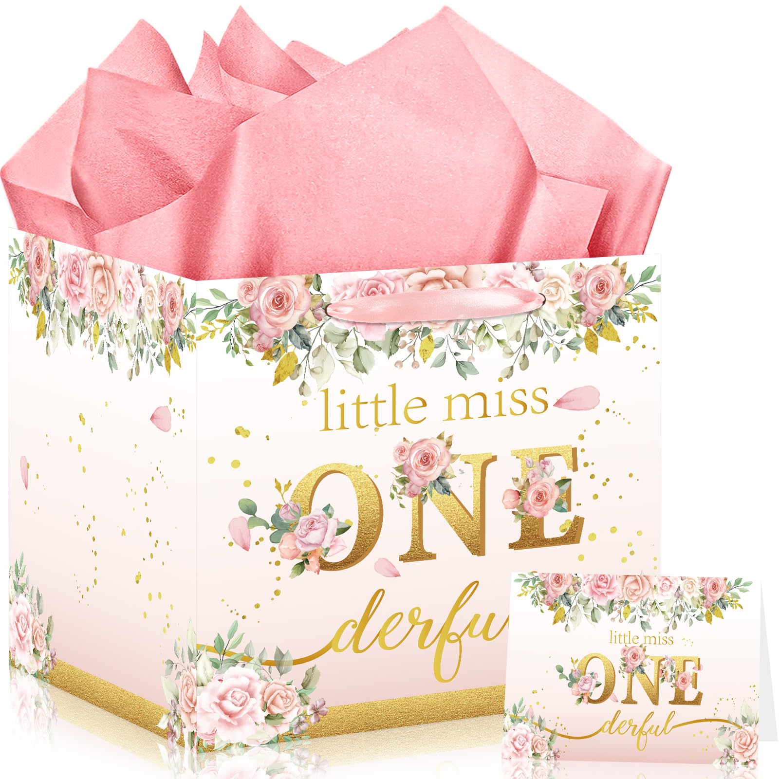 Woosytoo Baby Girl 1st Birthday Gifts Bag, Extra Large Square Gift Bag Baby Shower Jumbo Gift Bag with Tissue Papers Onederful Wrapping Paper Bag for Newborn Baby Shower First Birthday Party Favors