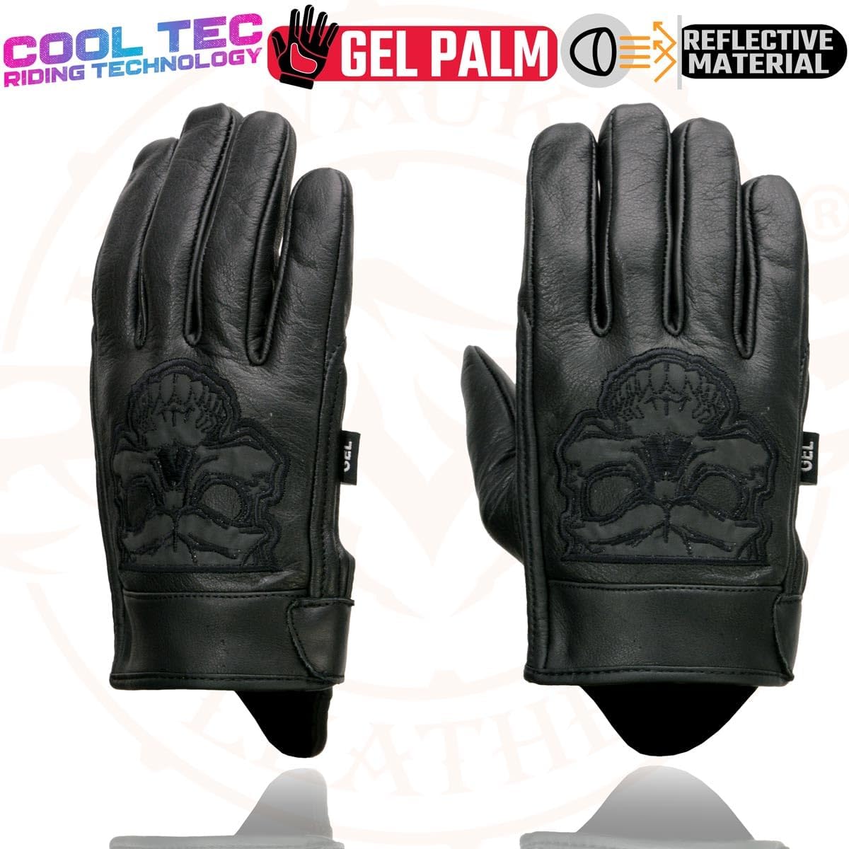 Milwaukee Leather MG7571 Men's Black ‘Col-Tec’ Leather ‘Reflective Skull’ Motorcycle Hand Gloves W/Gel Padded Palm
