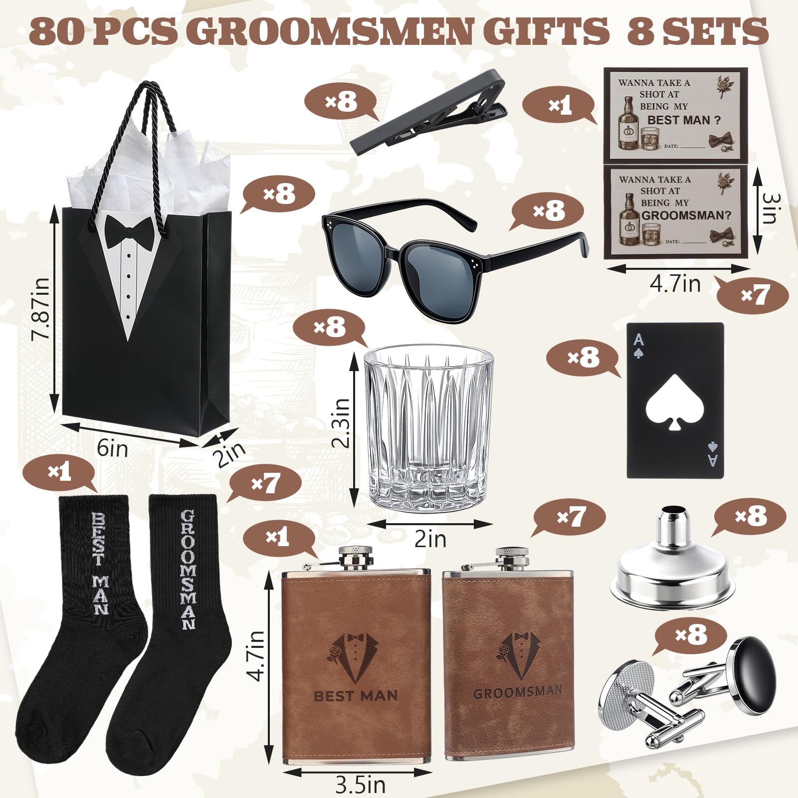 80 Pcs Groomsmen Gifts Set of 8,Groomsmen Proposal Box Gifts with Flasks Shot Glasses Socks Cuff Collar Clip Sunglasses Bottle Opener for Wedding Grooms Men Best Man Bachelor Party Favors