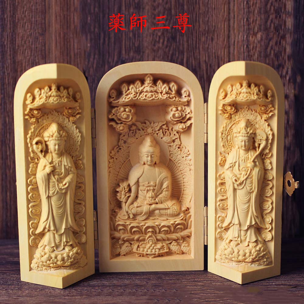 Amazon｜【仏像】 柘植木彫り 置物 三開仏 薬師三尊 【日光菩薩・薬師