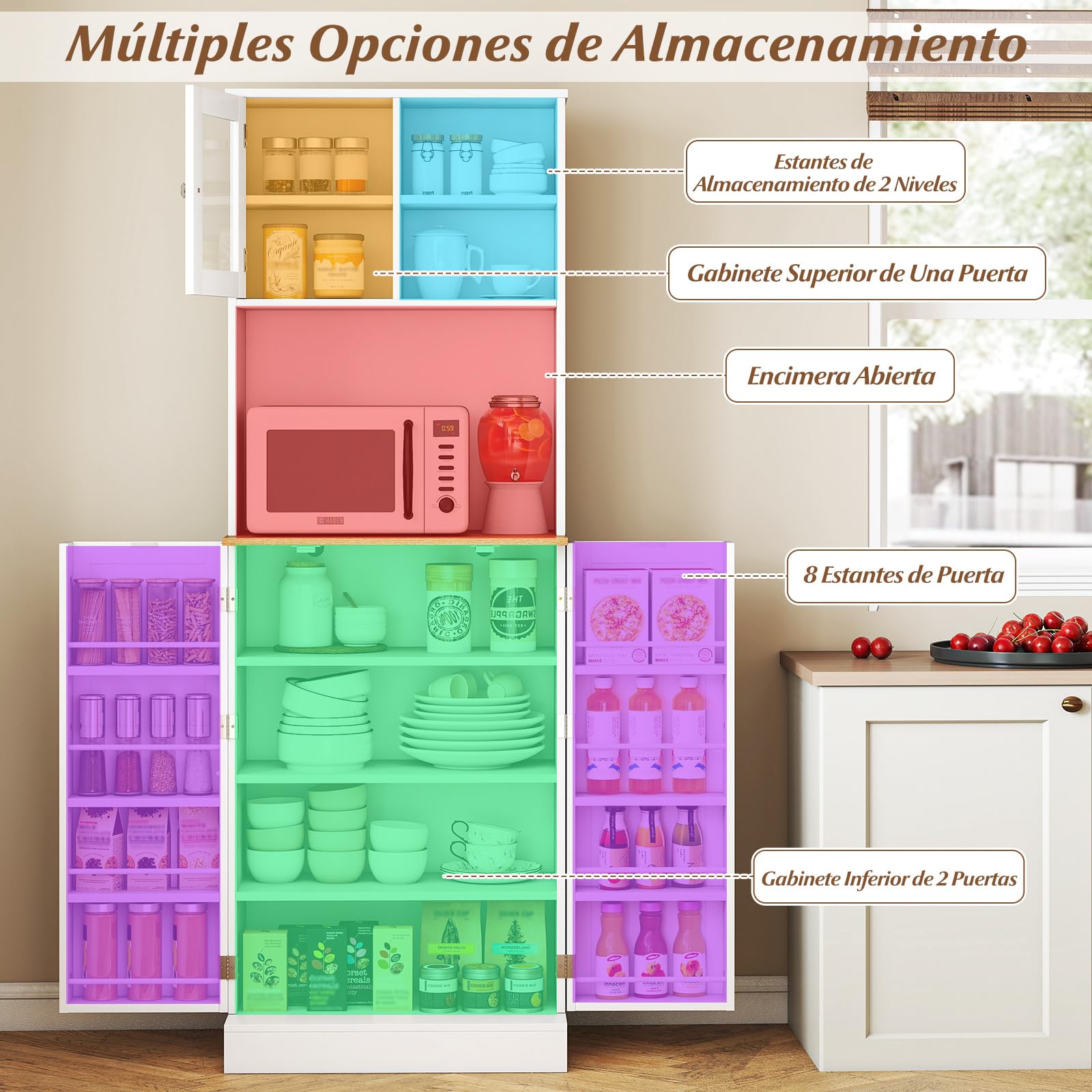 COSTWAY Armario Despensa de Cocina, Armario Buffet con Estante para Microondas, 8 Estantes con Puertas y 5 Estantes Ajustables, Gabinete de Despensa de Cocina para Sala de Estar, 60 x 35 x 170 cm
