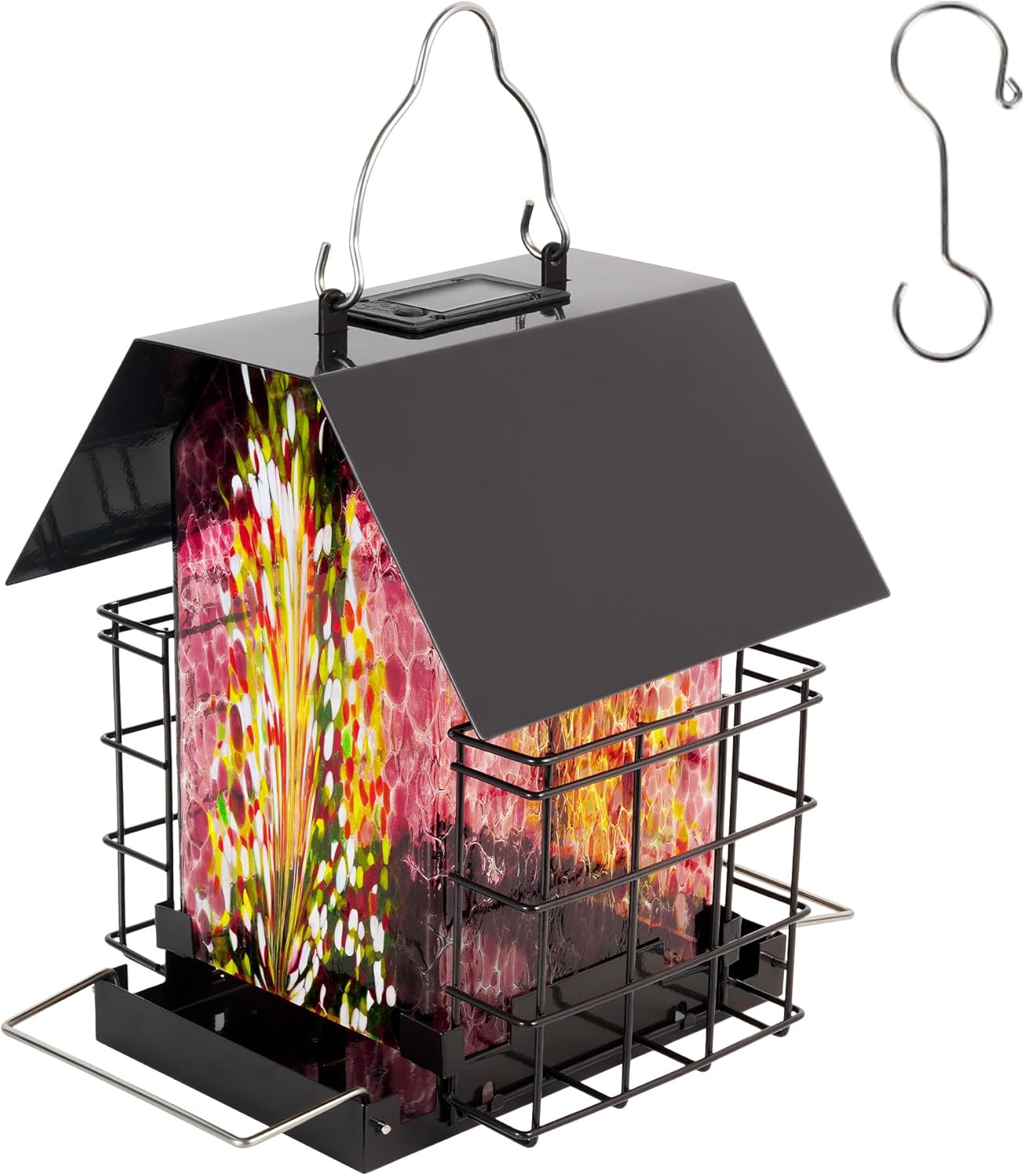 LUJII Solar Bird Feeder for Outdoor Hanging, 2 Suet Cake Cages, Hand-Blown Glass Container, Metal Roof, All-Weather Design for Woodpeckers, Purple