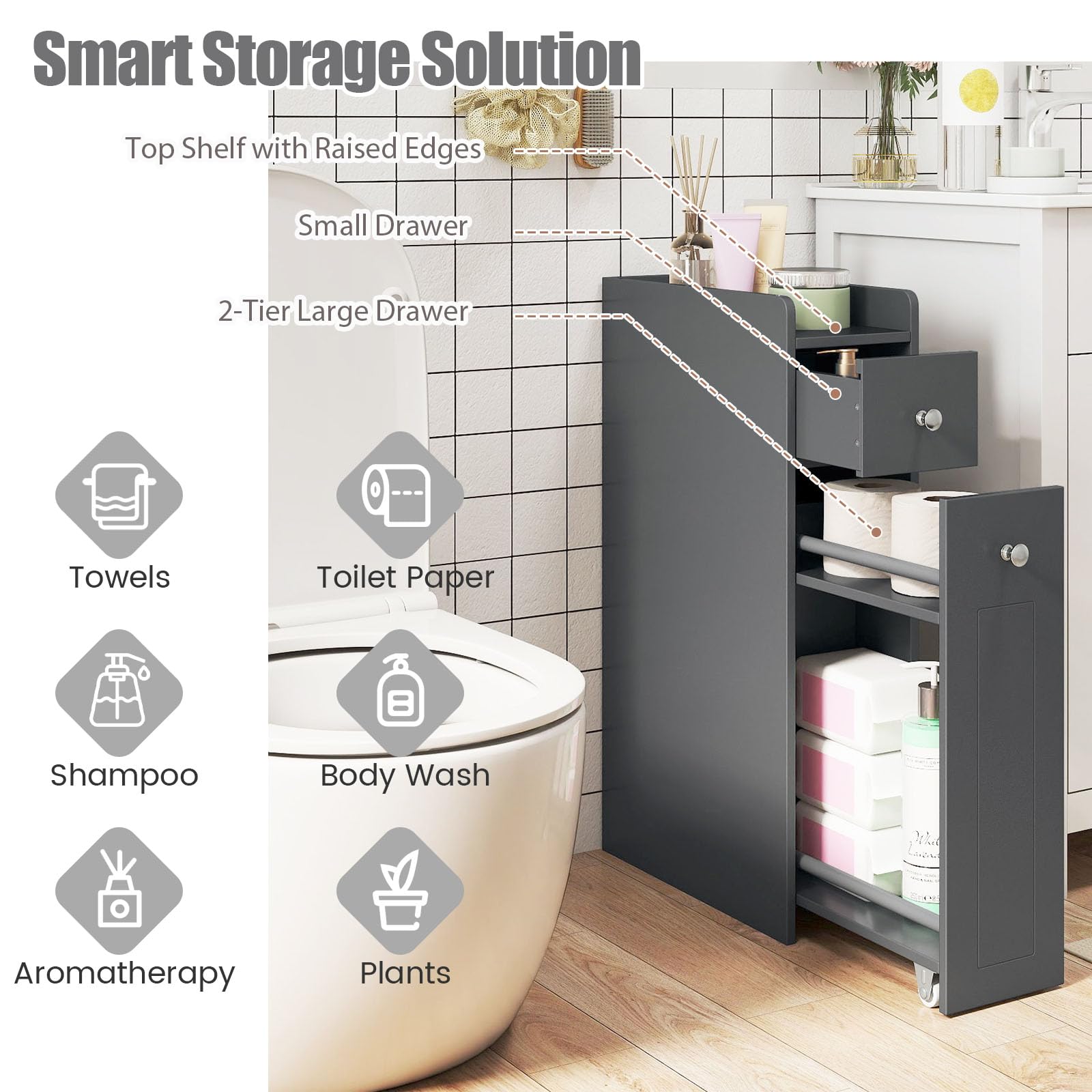 LIFEZEAL Nischenschrank, Badezimmerschrank klein mit Schublade, Nischenregal schmal mit Rollen, Nischenwagen für Waschküche, Wohnzimmer, Badezimmer, 40 x 18 x 70 cm (Grau)