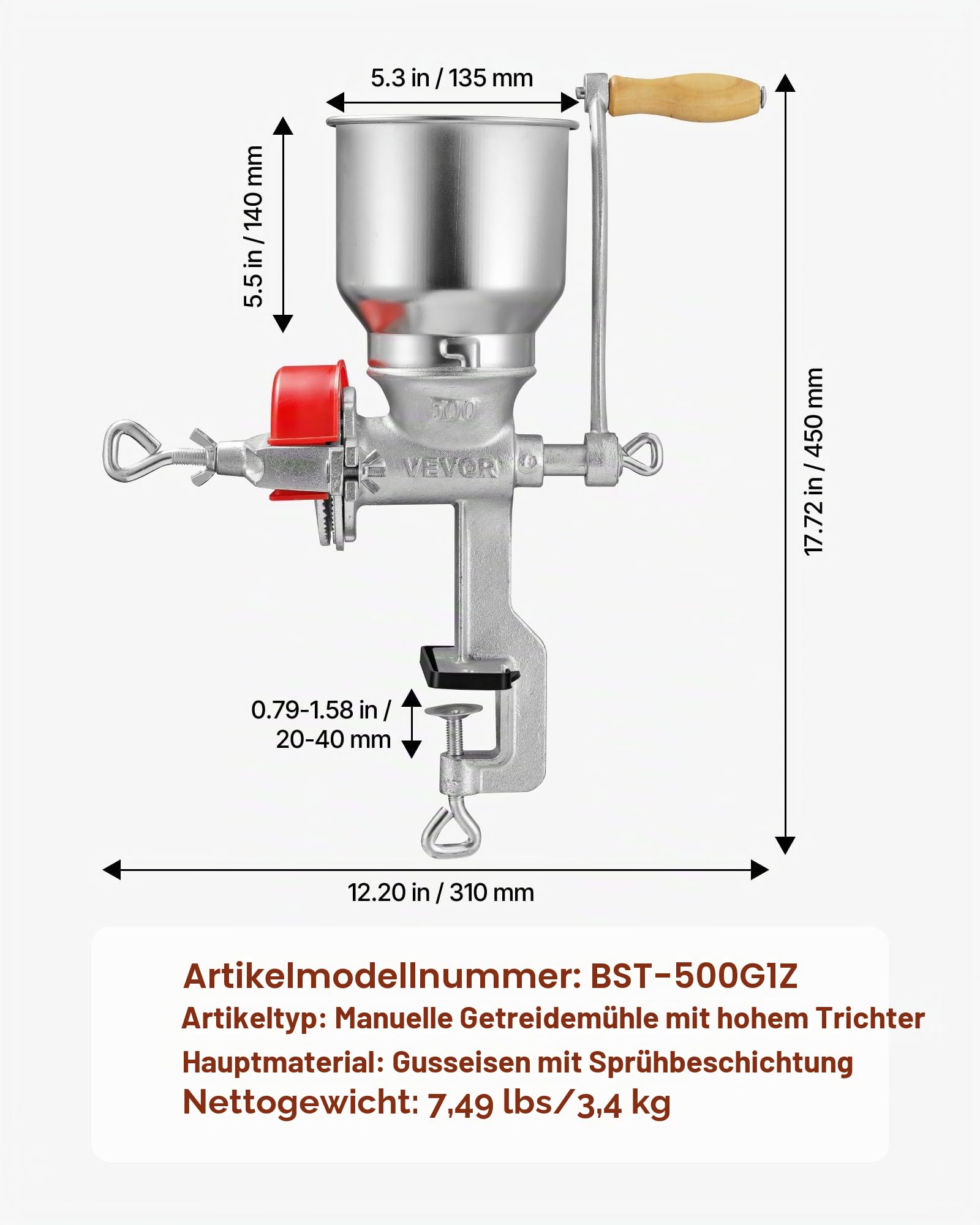 VEVOR Getreidemühle Manuell aus Gusseisen, Handkurbel Kornmühle mit Hohem Trichter & Tischklemme, Malzmühle Kaffeemühle Gewürzmühle für Kaffeebohnen Gewürze Weizen Mais Nüsse, inkl. Staubschutzhaube