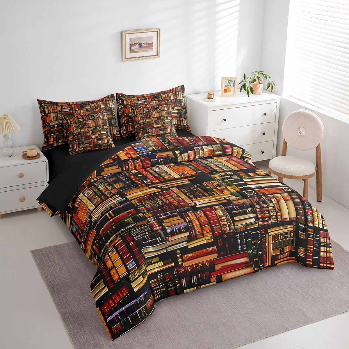 Feelyou Kids Books 7 Pieces Bedding Set Queen Size Vintage Library Comforter Set for Boys Girls Room Decor Bookshelf Bed Set Bed in a Bag with Comforter, Sheets, Pillowcases & Cushion Covers