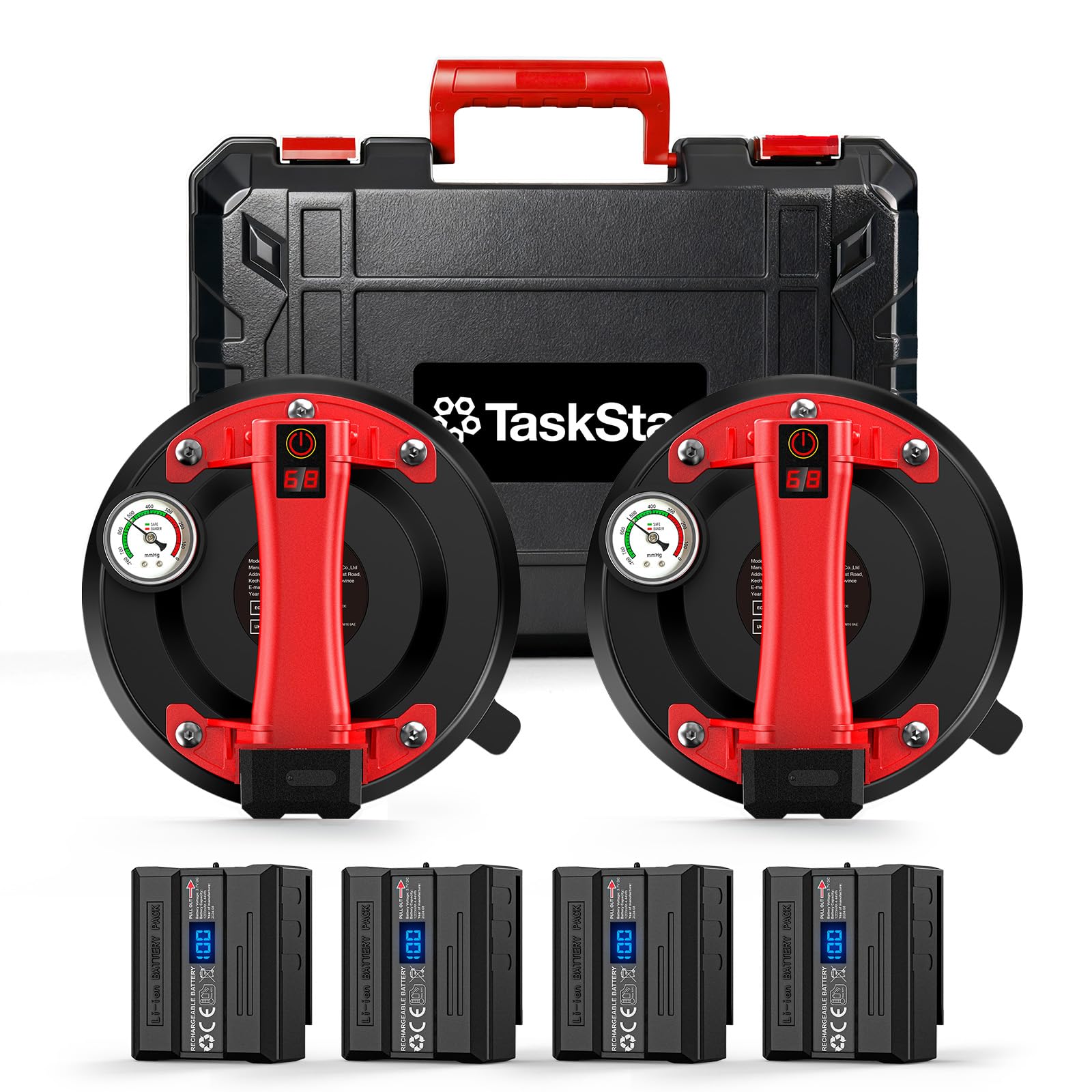 Taskstar Akku Saugheber Fliesen: 4x 2400mAh Akkus Vakuumheber mit 250KG Saugkraft & LCD-Display und Manometer- Für Glas, Marmor, Laminat und Terrassenplatten -2er Set